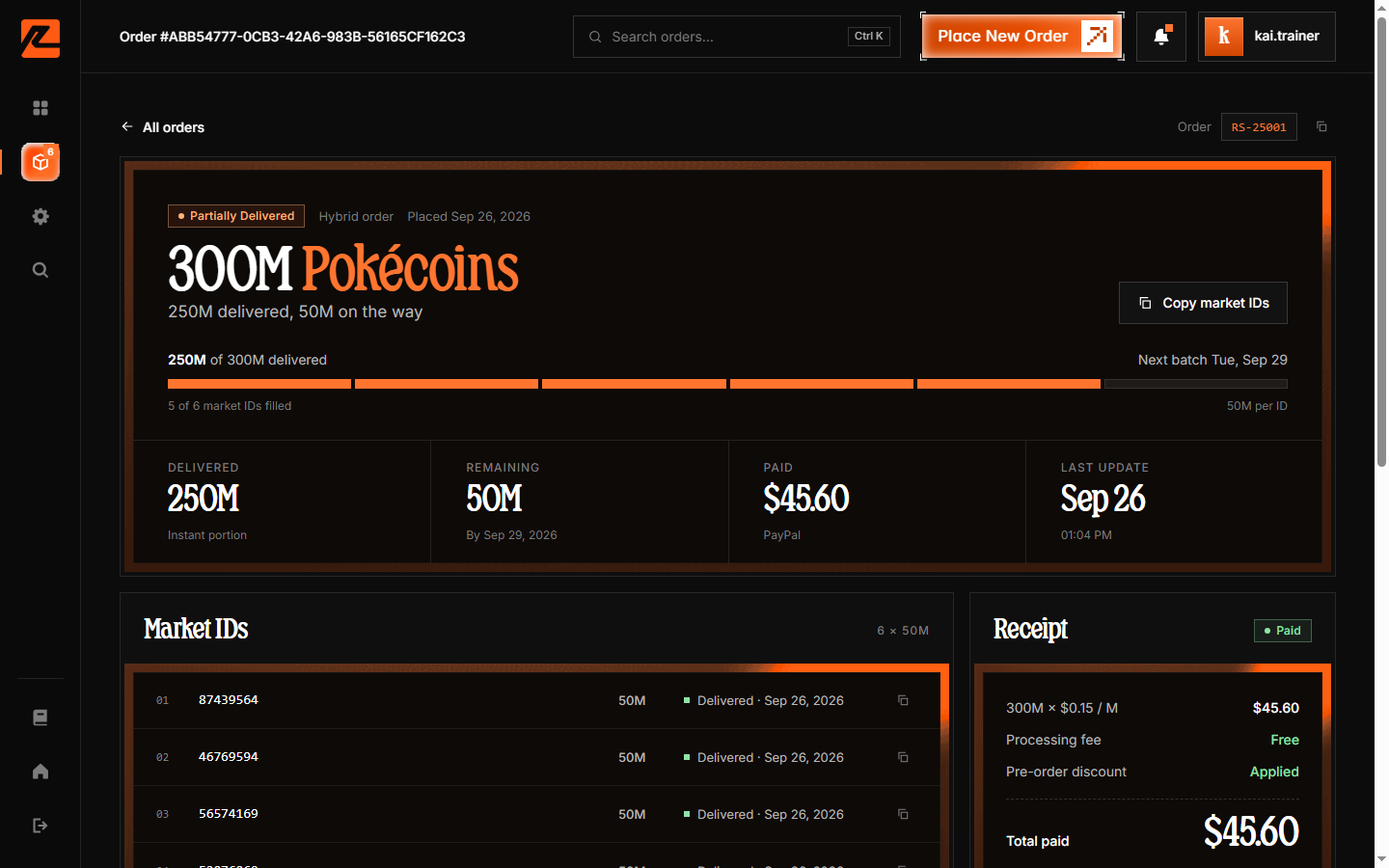 Order details page showing status, progress, and order cards