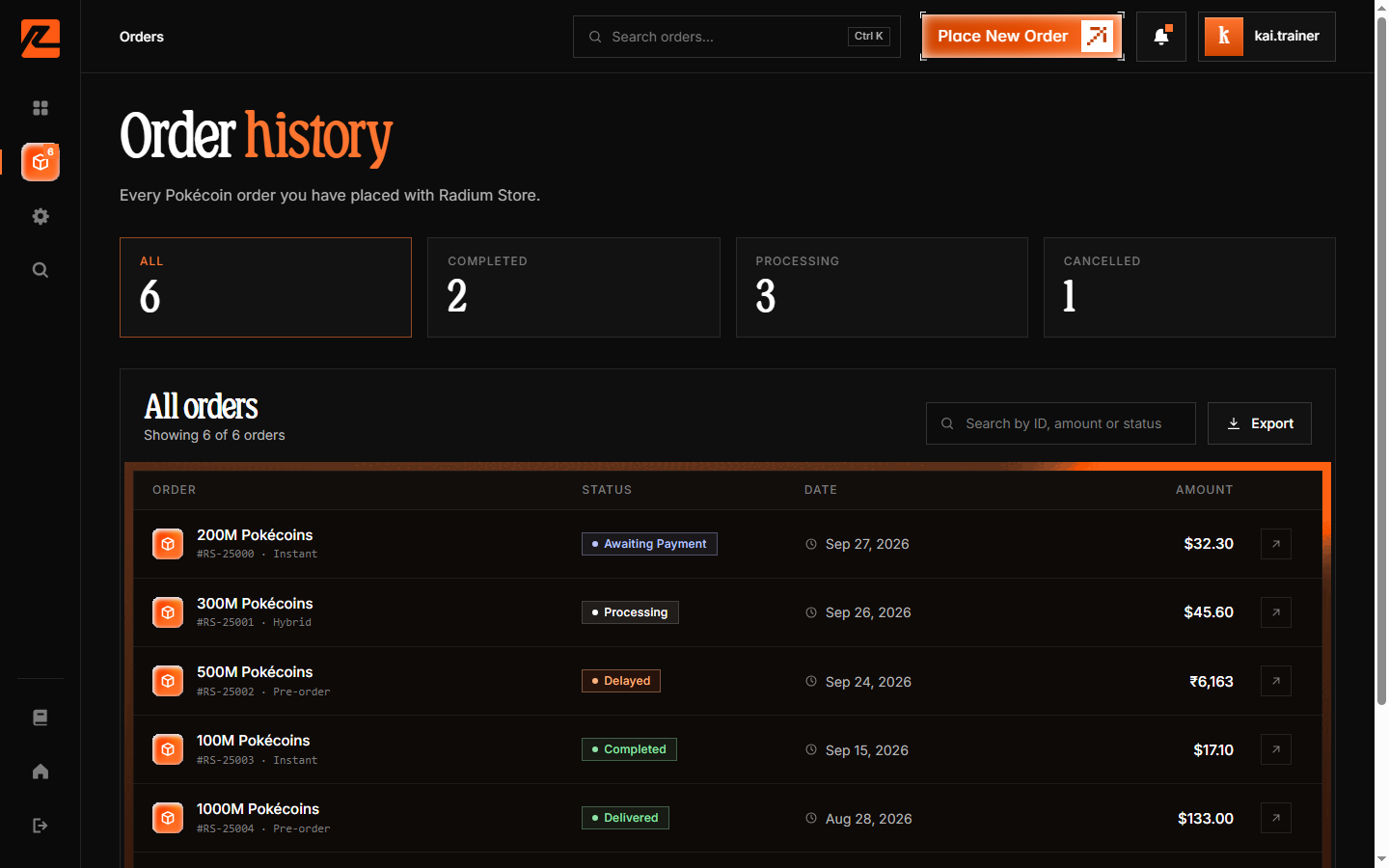 Orders page with status filter chips, search, and CSV export