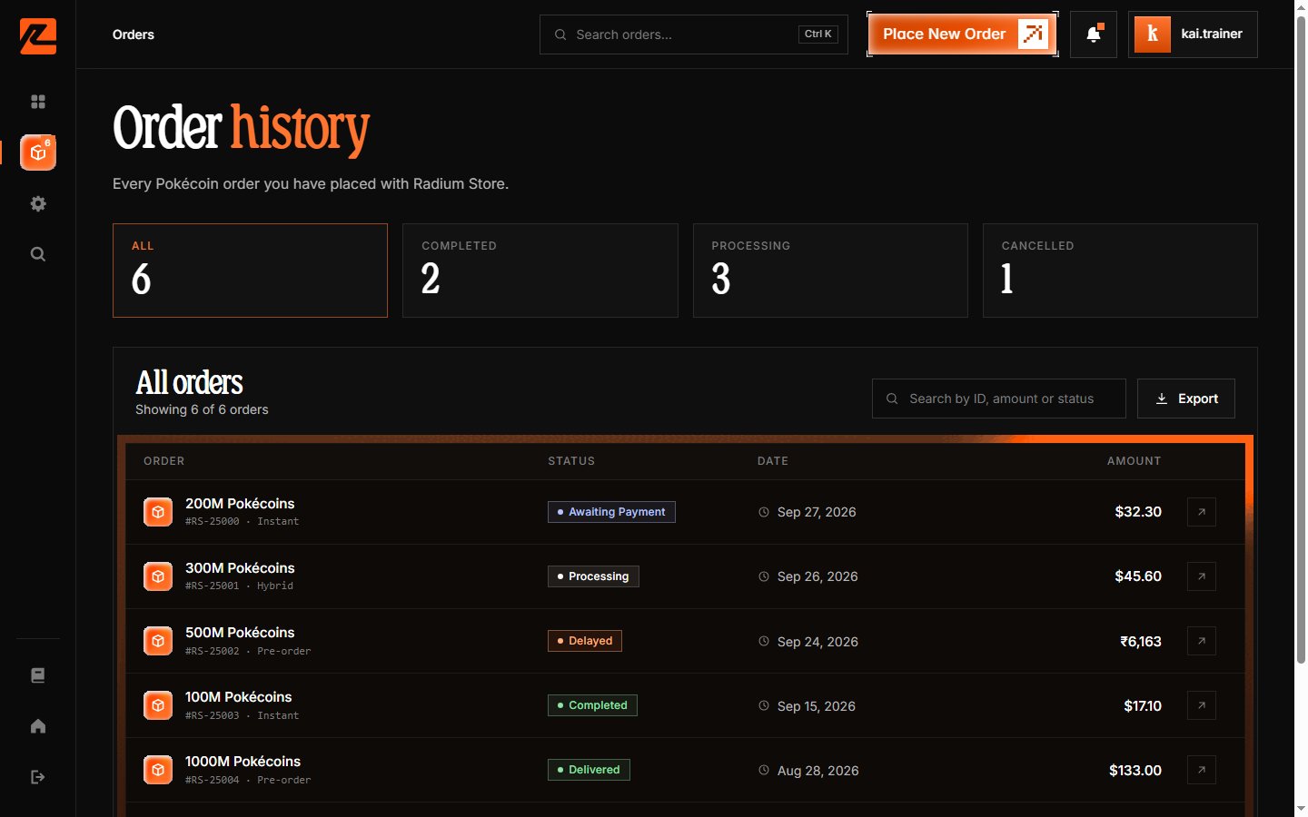 Orders page with status filter chips, search, and CSV export