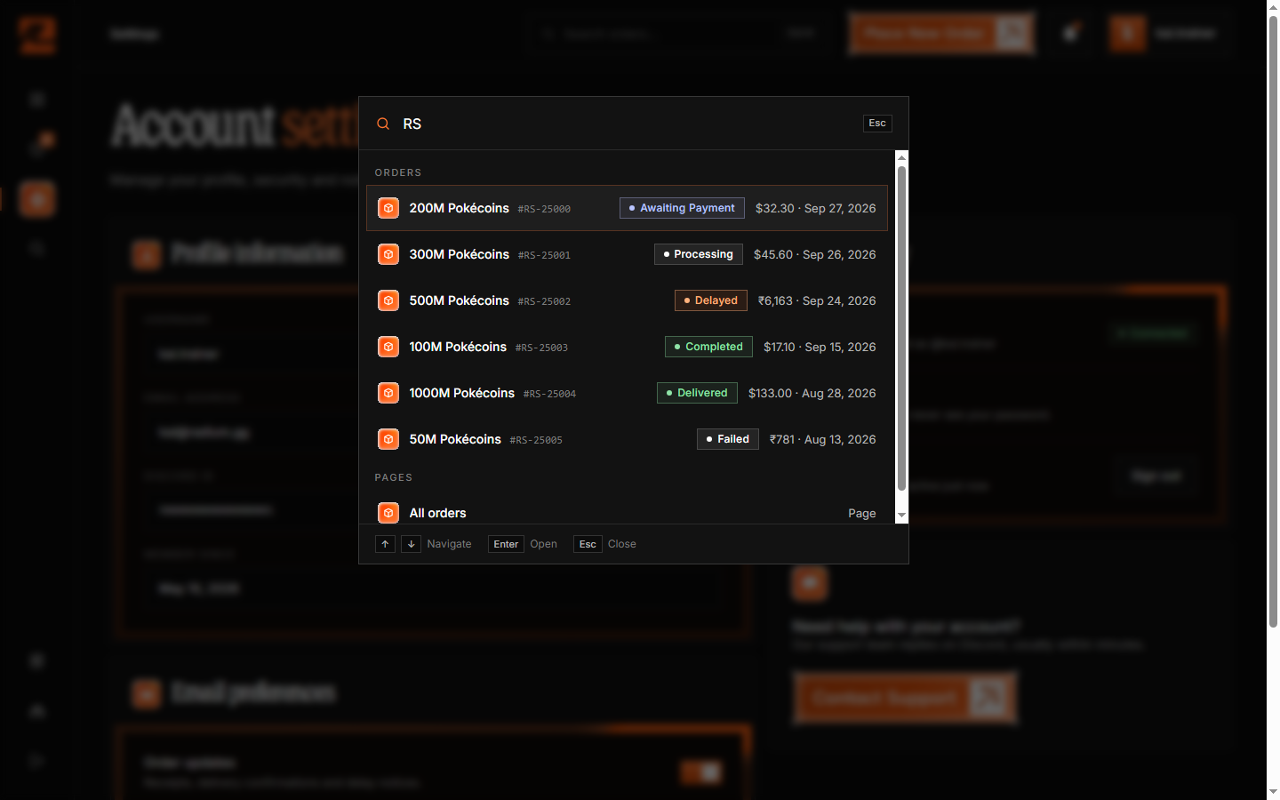 Search palette matching orders and pages