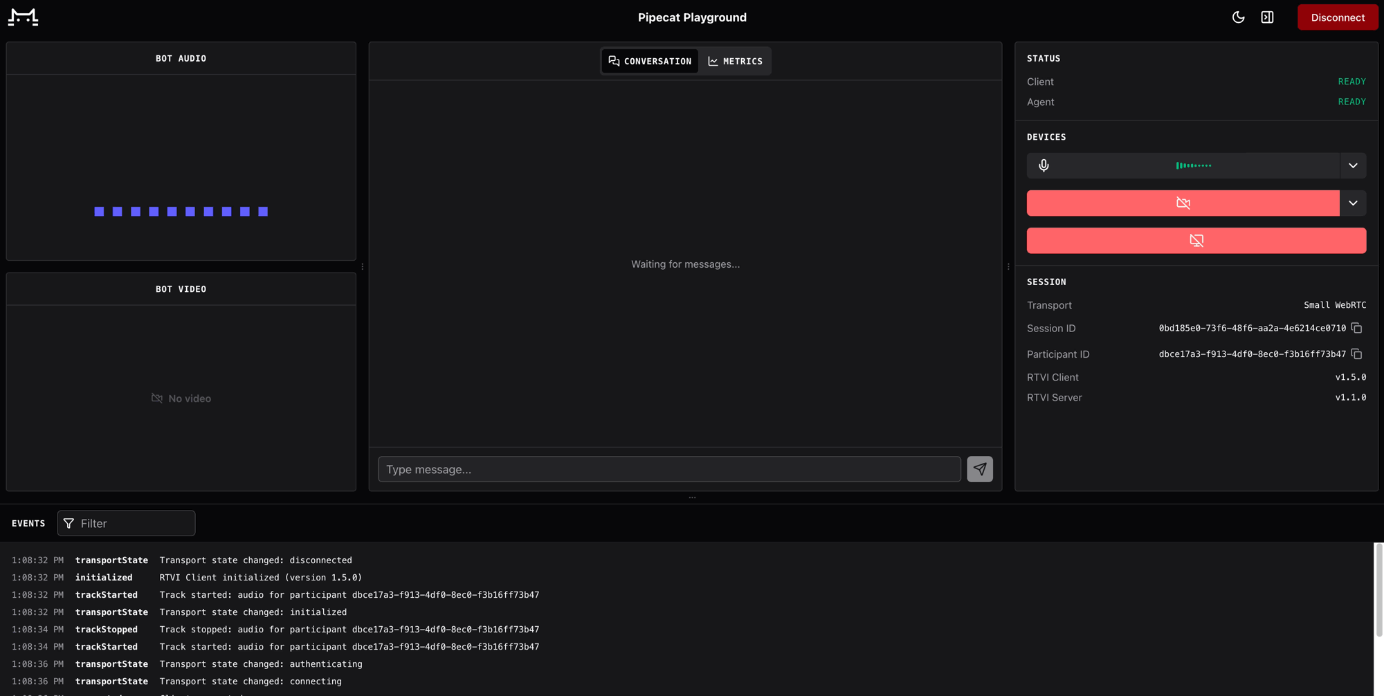 Demo of a voice agent conversation using Pipecat and Rime