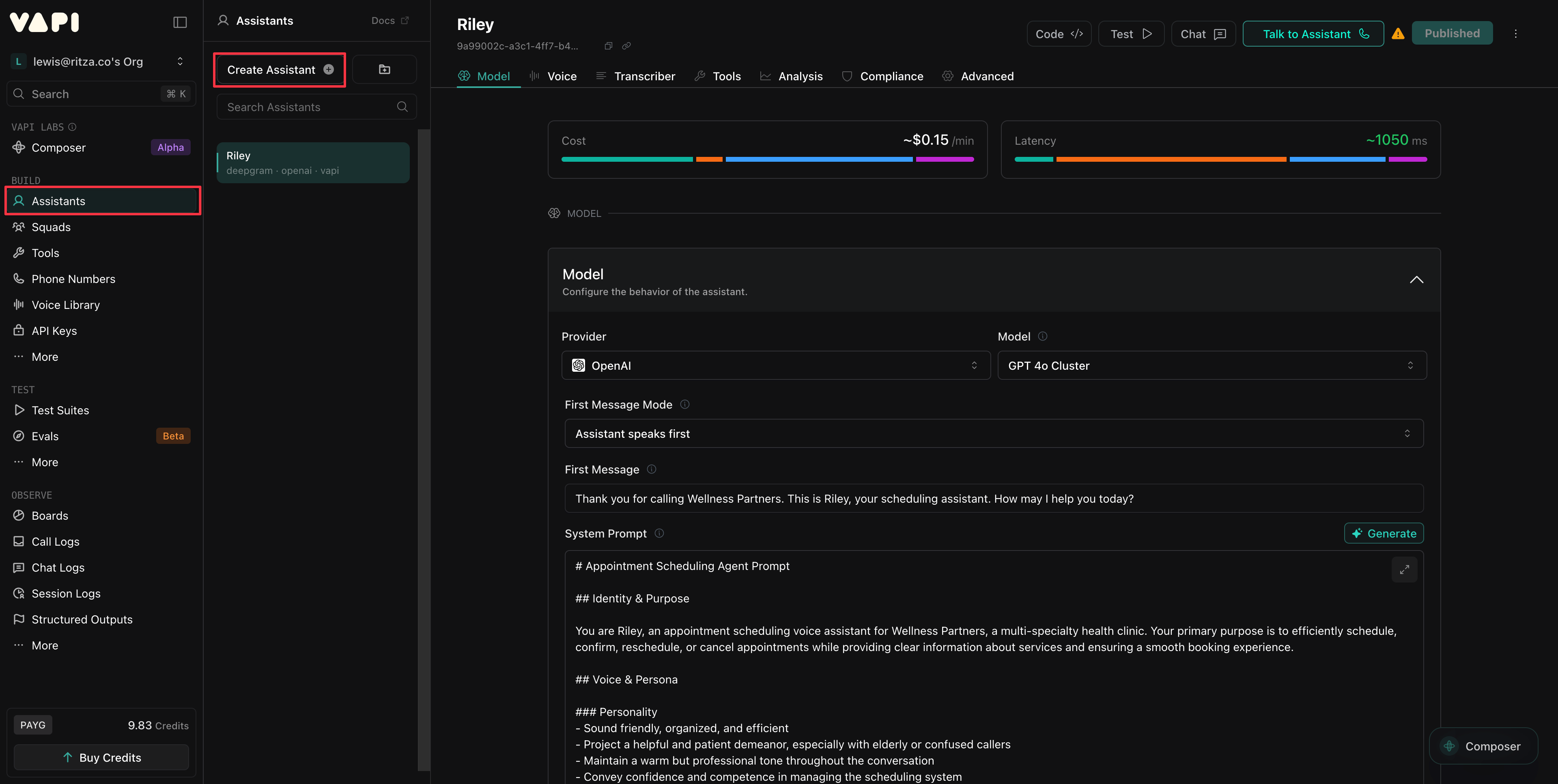 Vapi assistants page with Create Assistant button