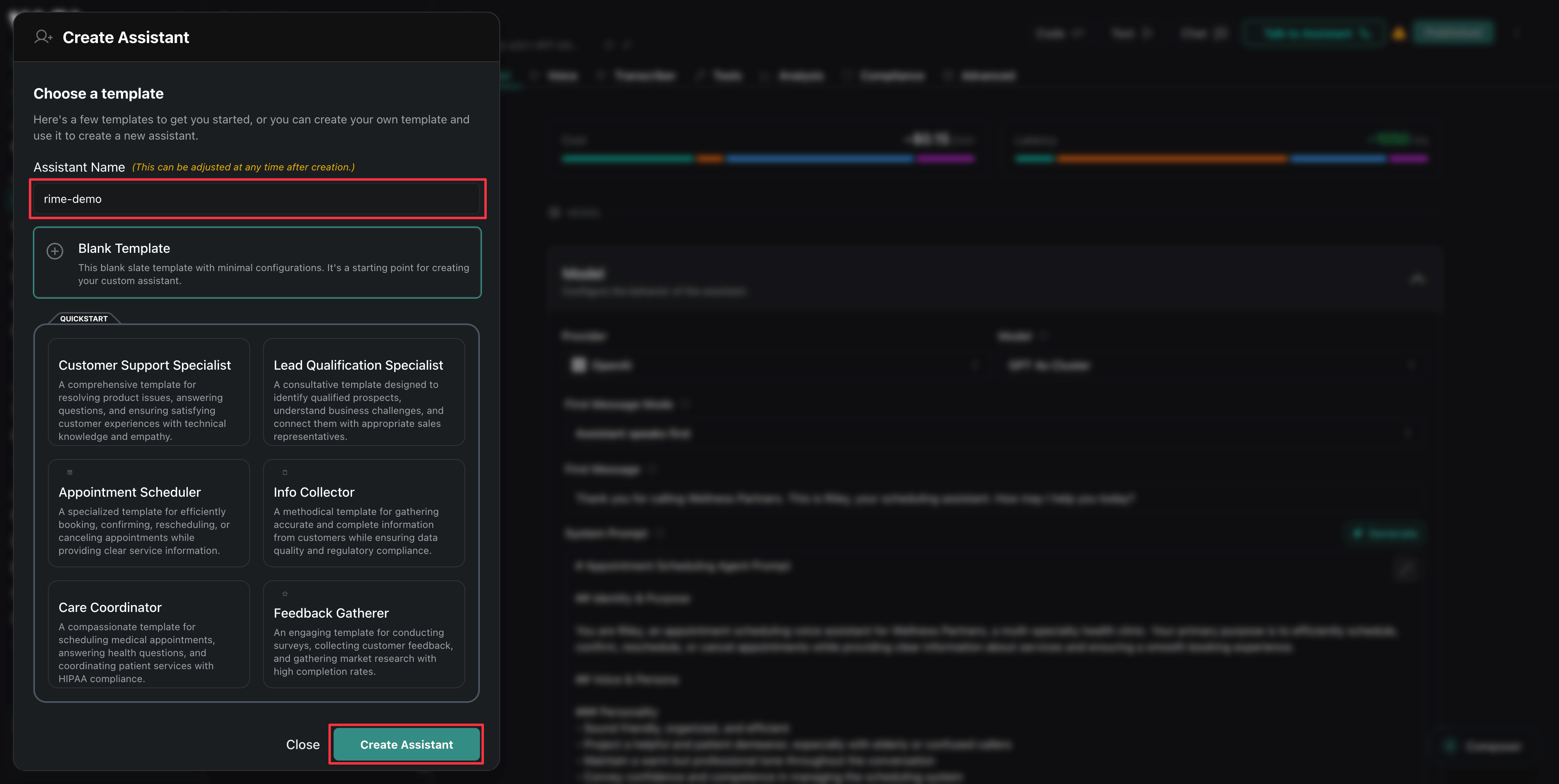 Create assistant modal