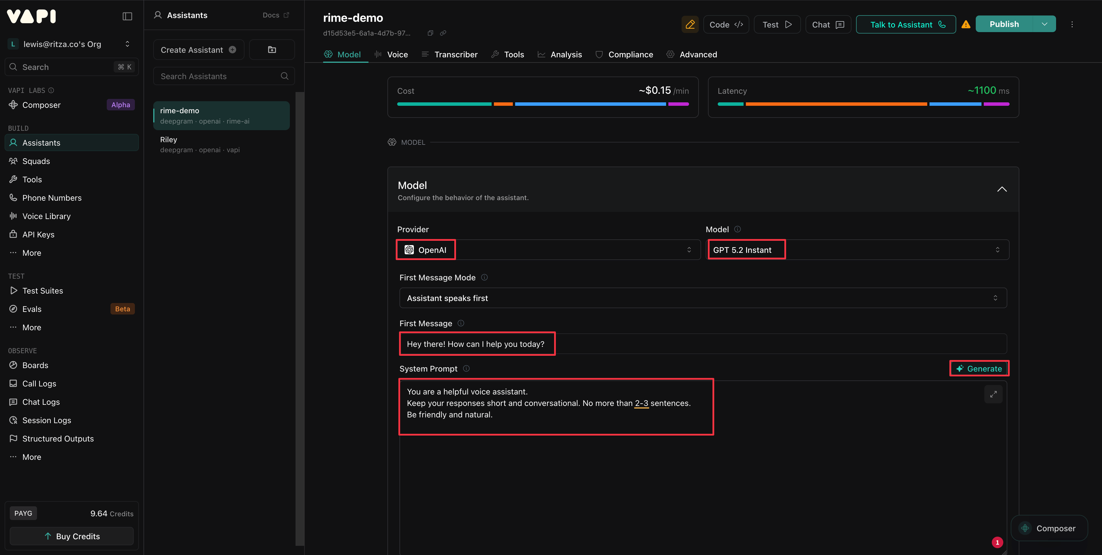 Model tab configuration