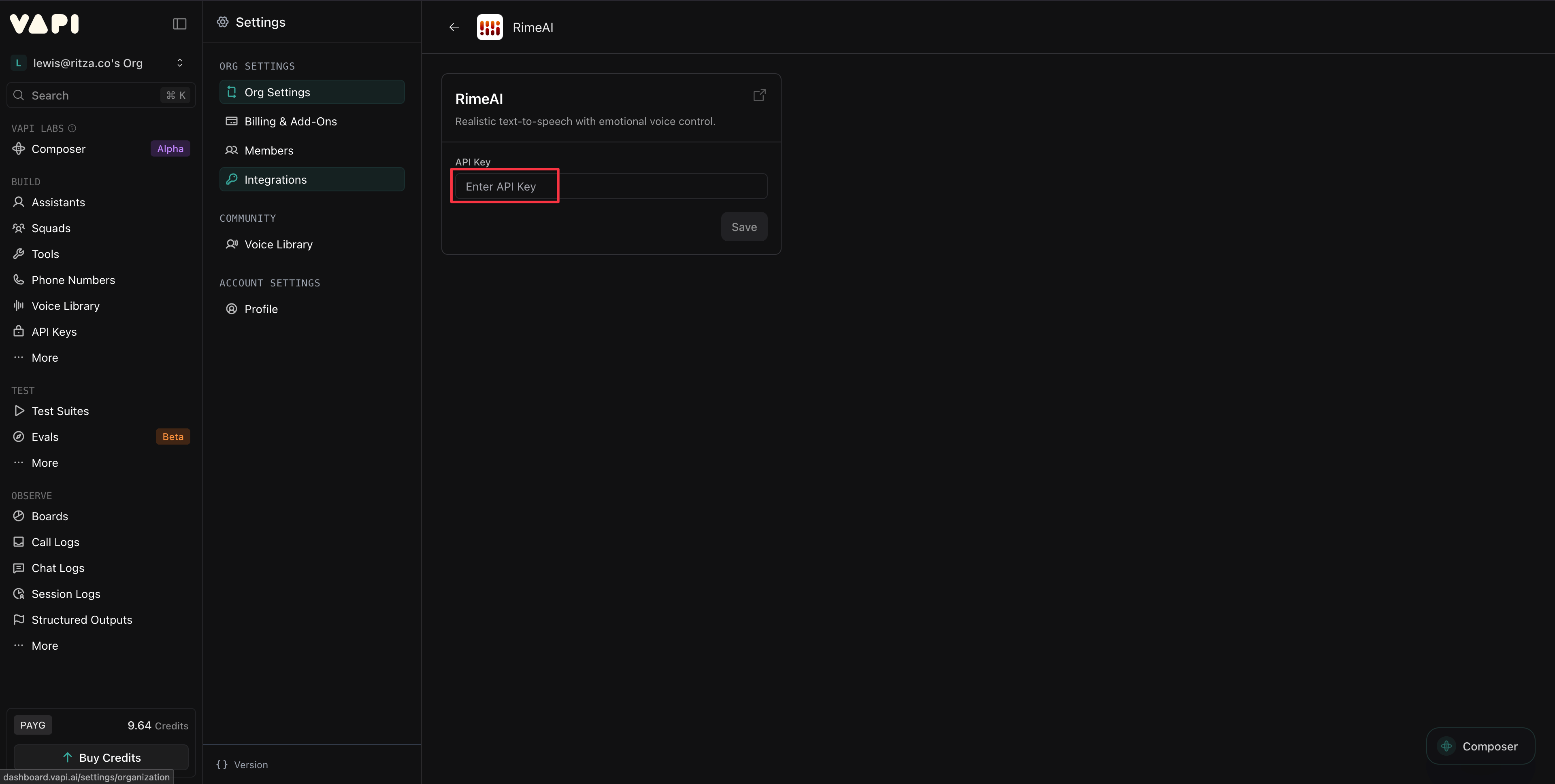 Rime API key integration