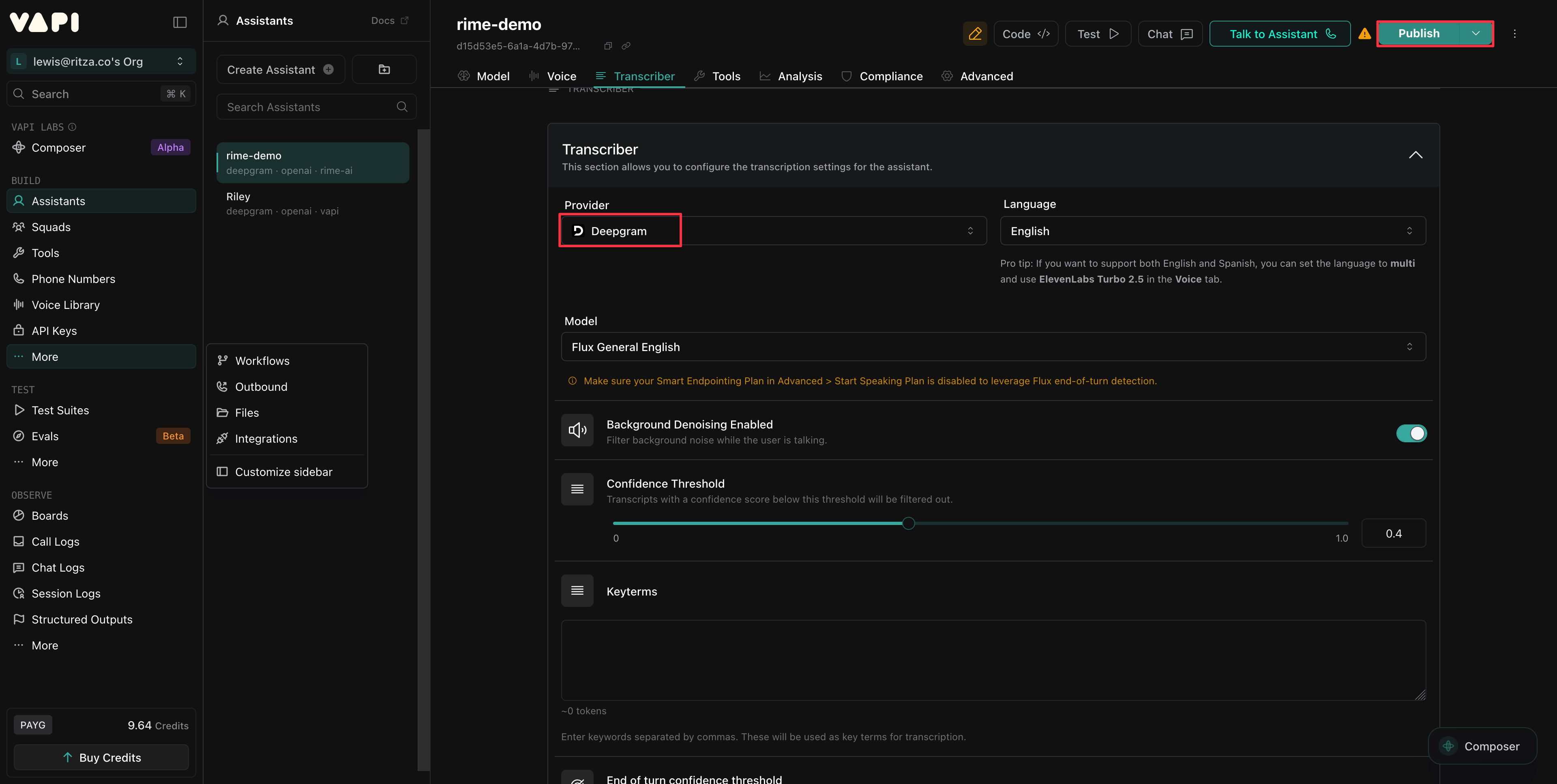 Transcriber tab configuration