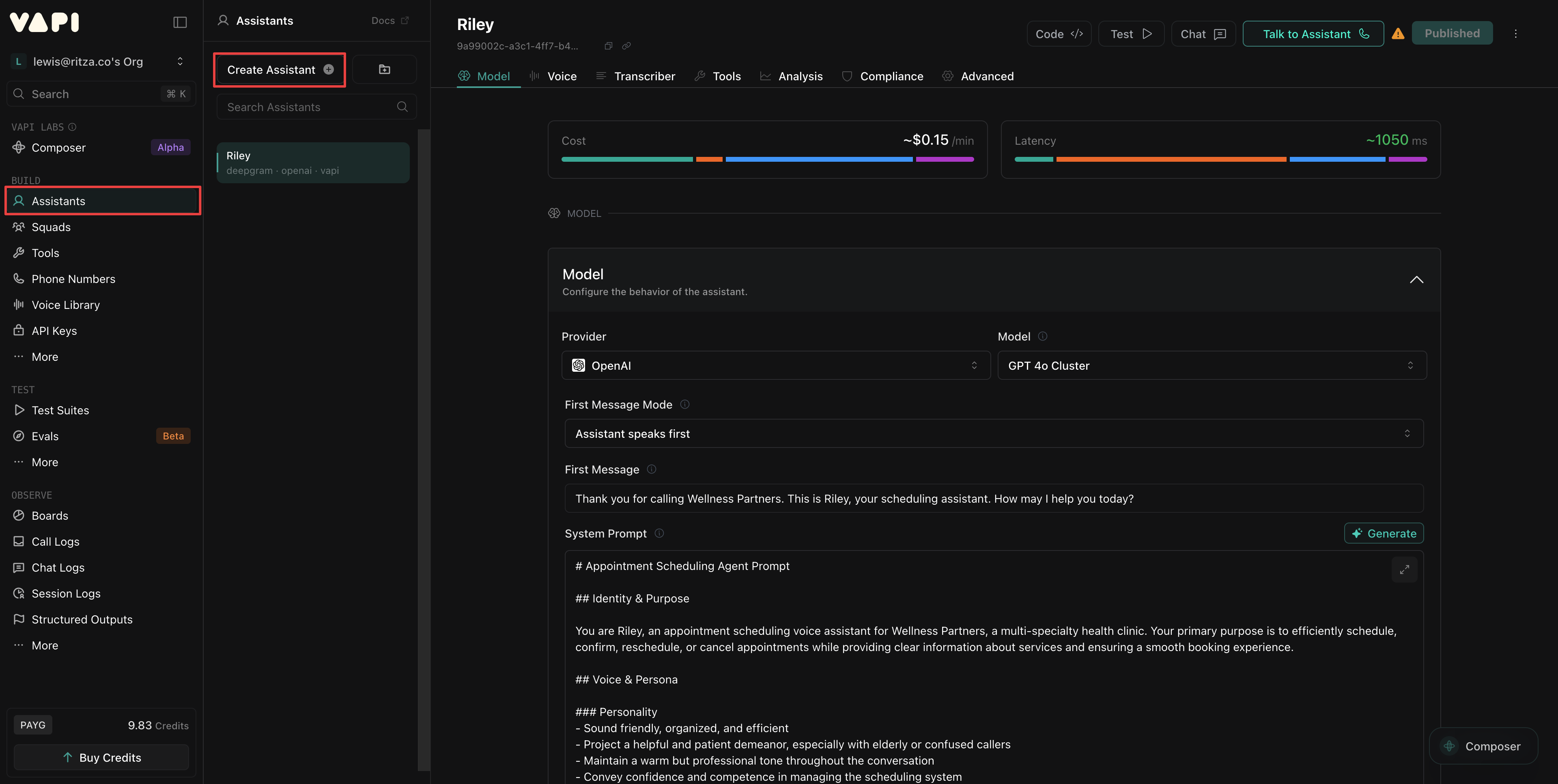 Vapi assistants page with Create Assistant button