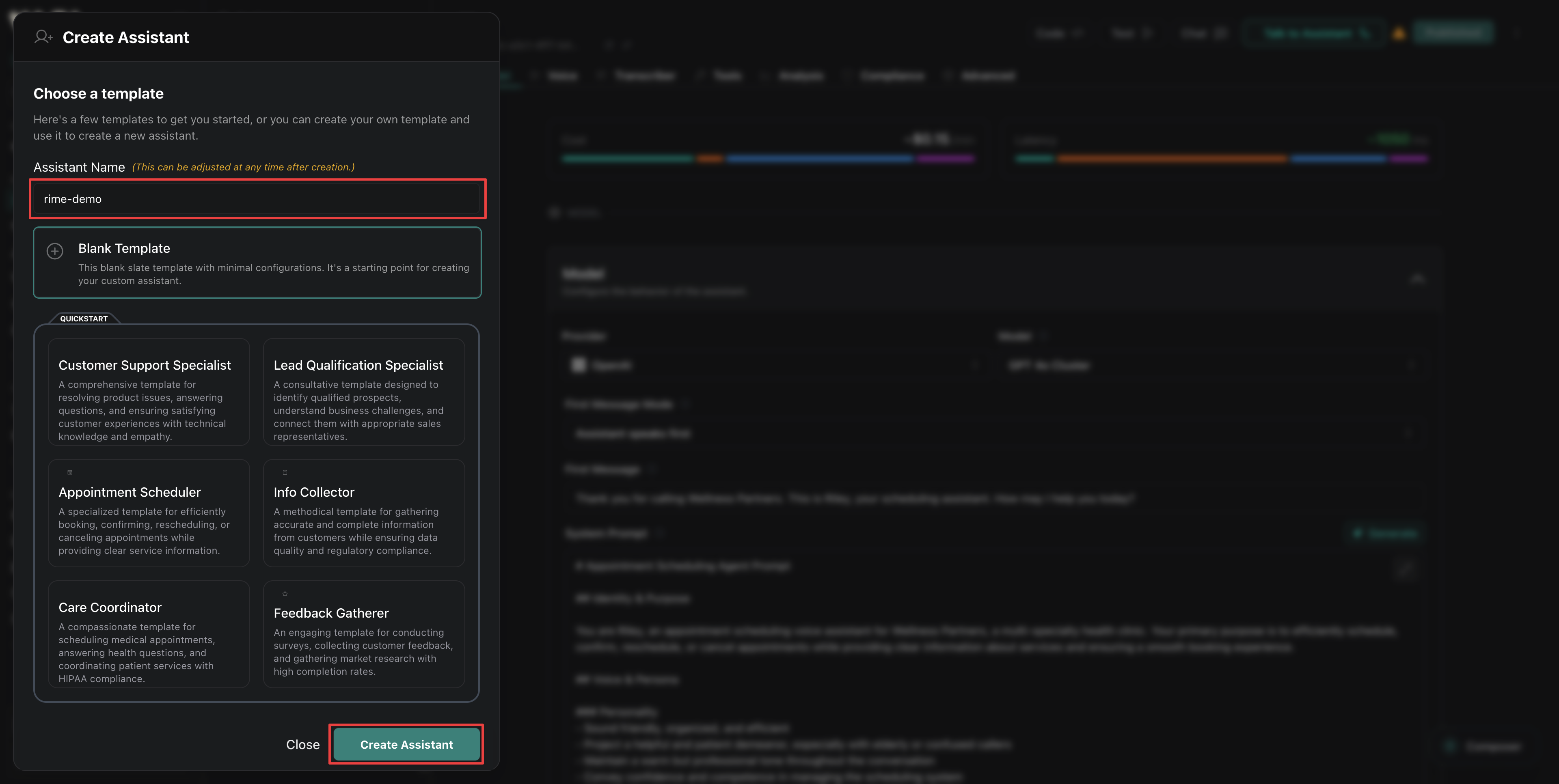Create assistant modal