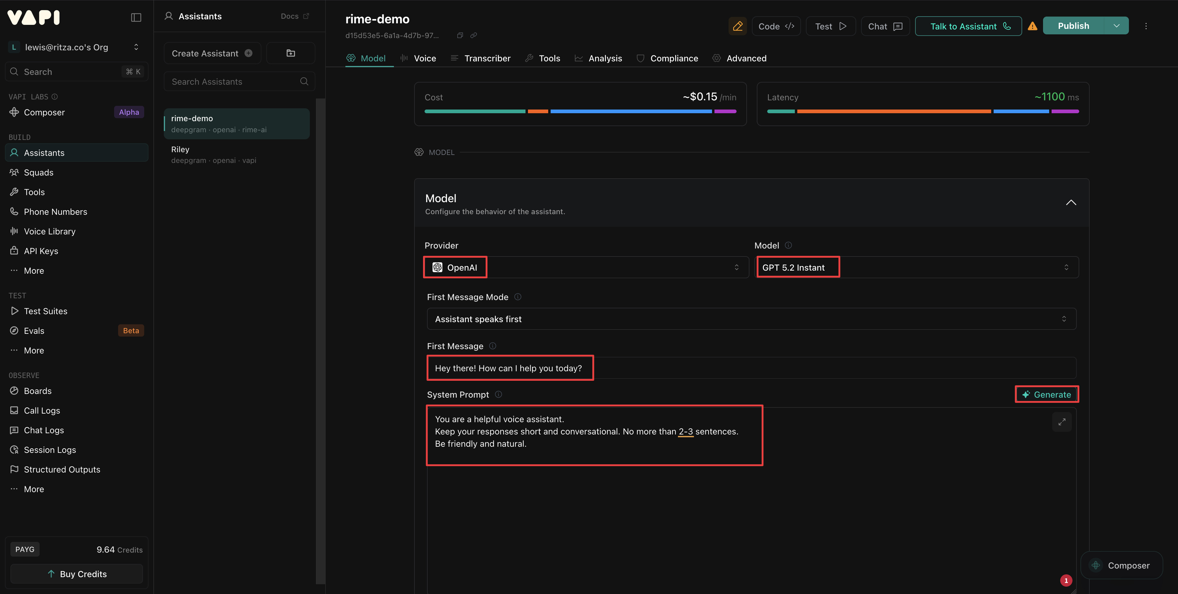 Model tab configuration