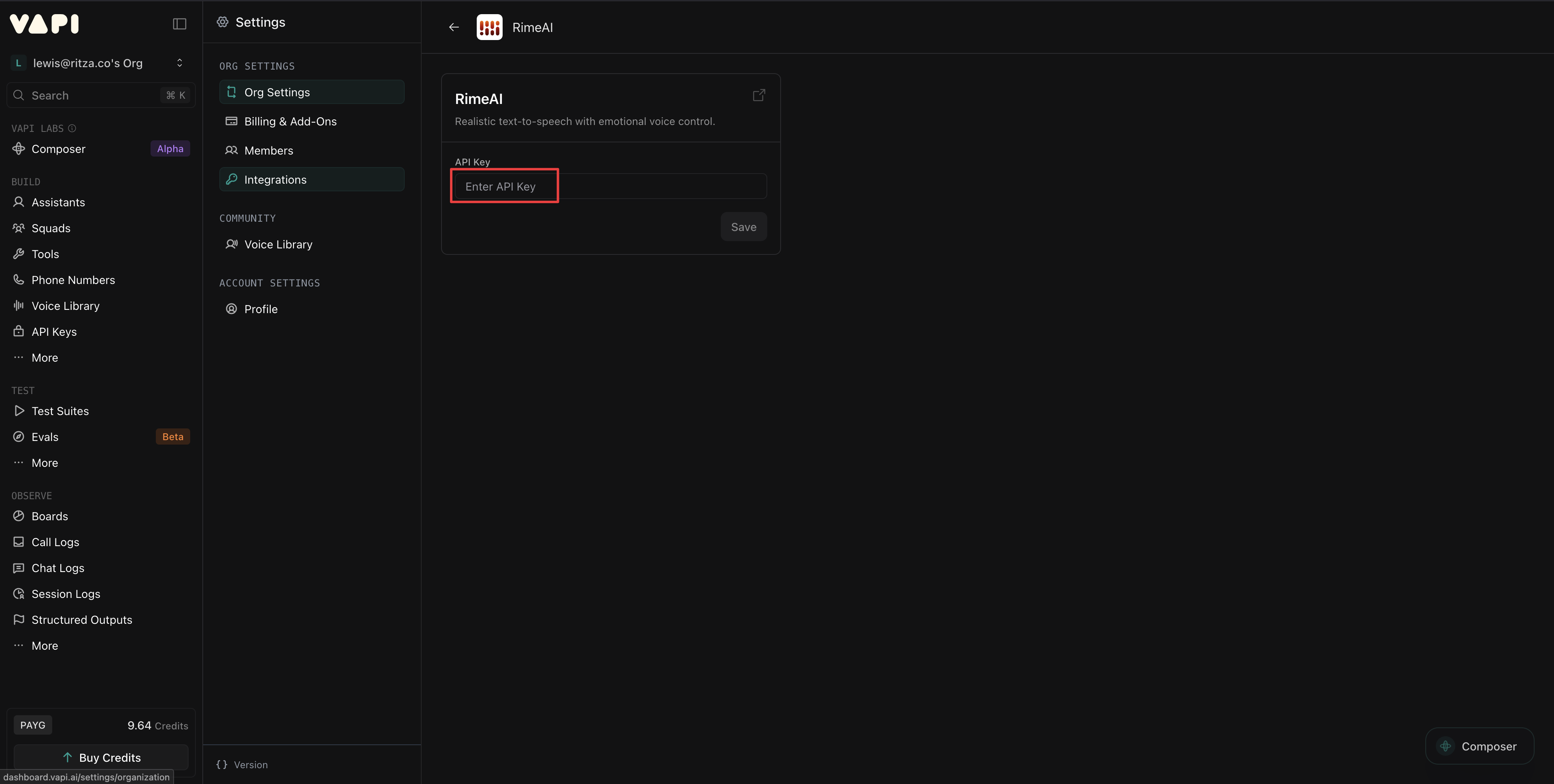 Rime API key integration