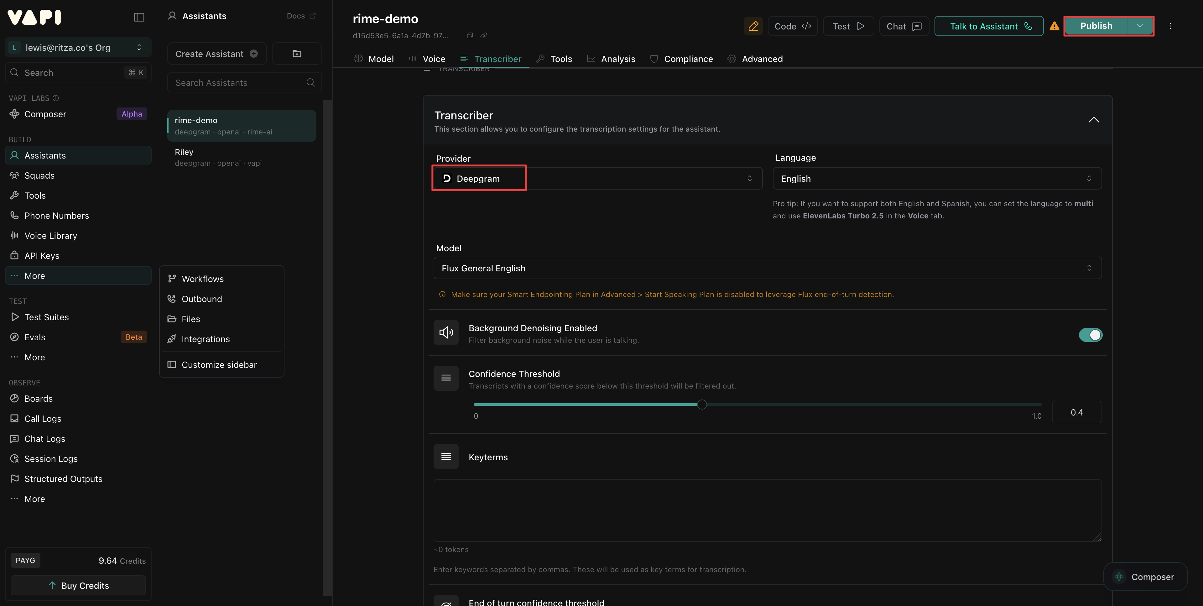 Transcriber tab configuration