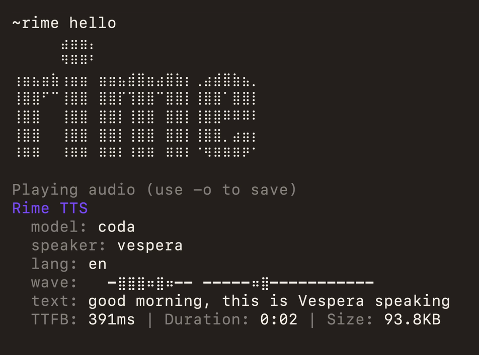 Terminal output of rime hello: the Rime logo, then the Vespera greeting playing on Coda