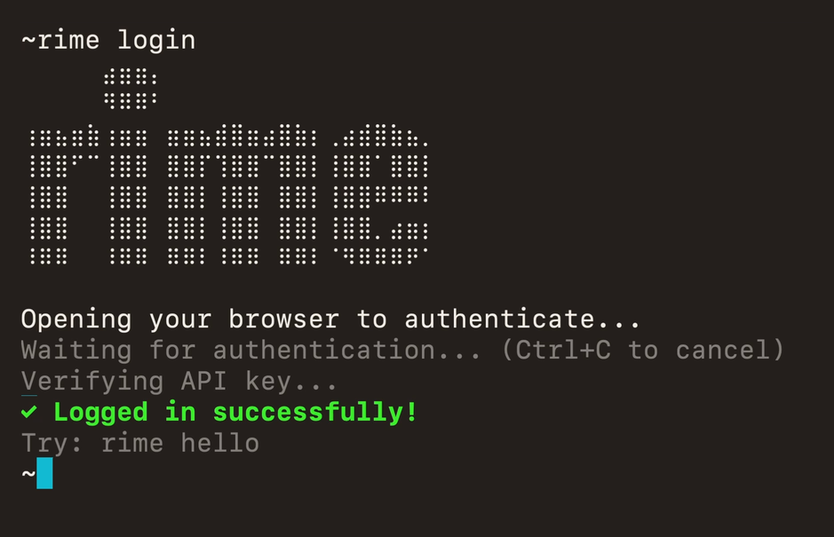 Terminal output of rime login: the Rime logo, then the browser sign-in and a success message