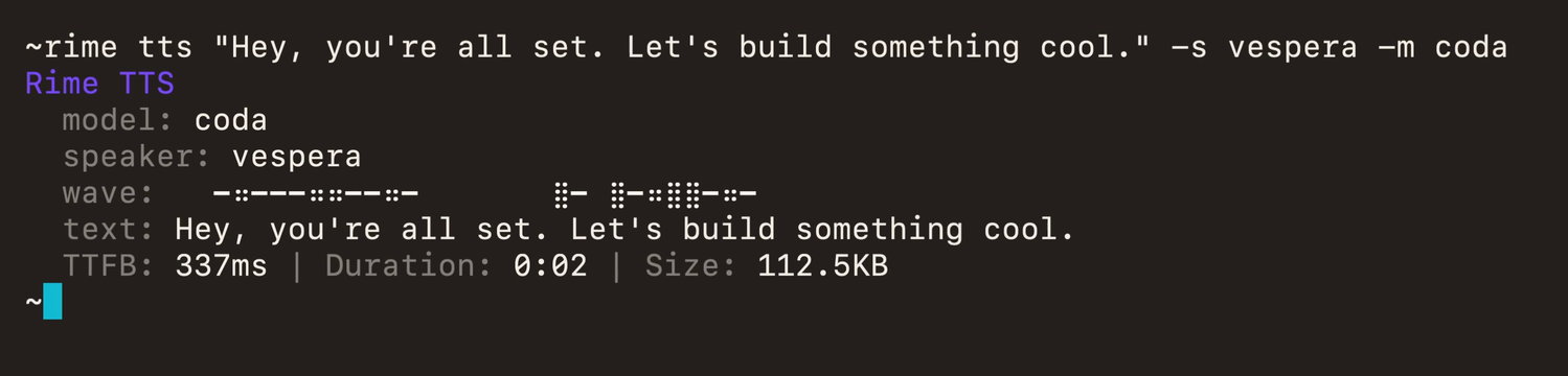 Terminal output of rime tts with the vespera voice on Coda