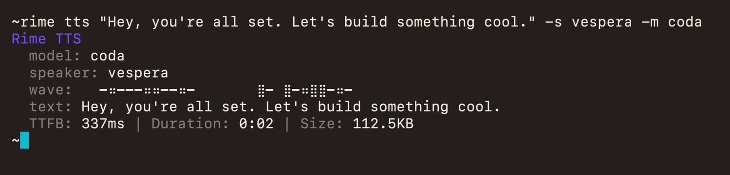 Terminal output of rime tts with the vespera voice on Coda