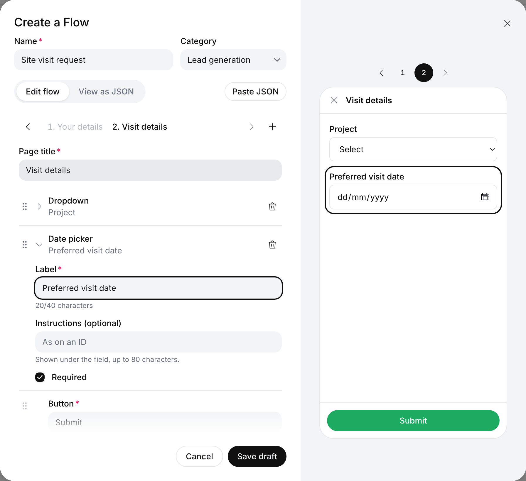 Create a Flow dialog: Name Site visit request, Category Lead generation, Edit flow selected, screen 2. Visit details with a Dropdown Project and an expanded Date picker Preferred visit date; the preview shows Project and Preferred visit date