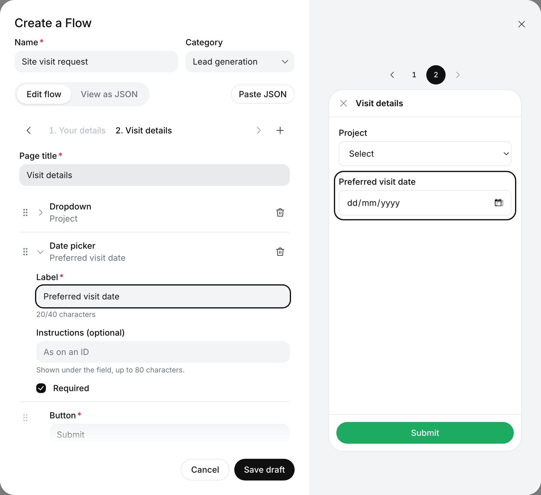 Create a Flow dialog: Name Site visit request, Category Lead generation, Edit flow selected, screen 2. Visit details with a Dropdown Project and an expanded Date picker Preferred visit date; the preview shows Project and Preferred visit date