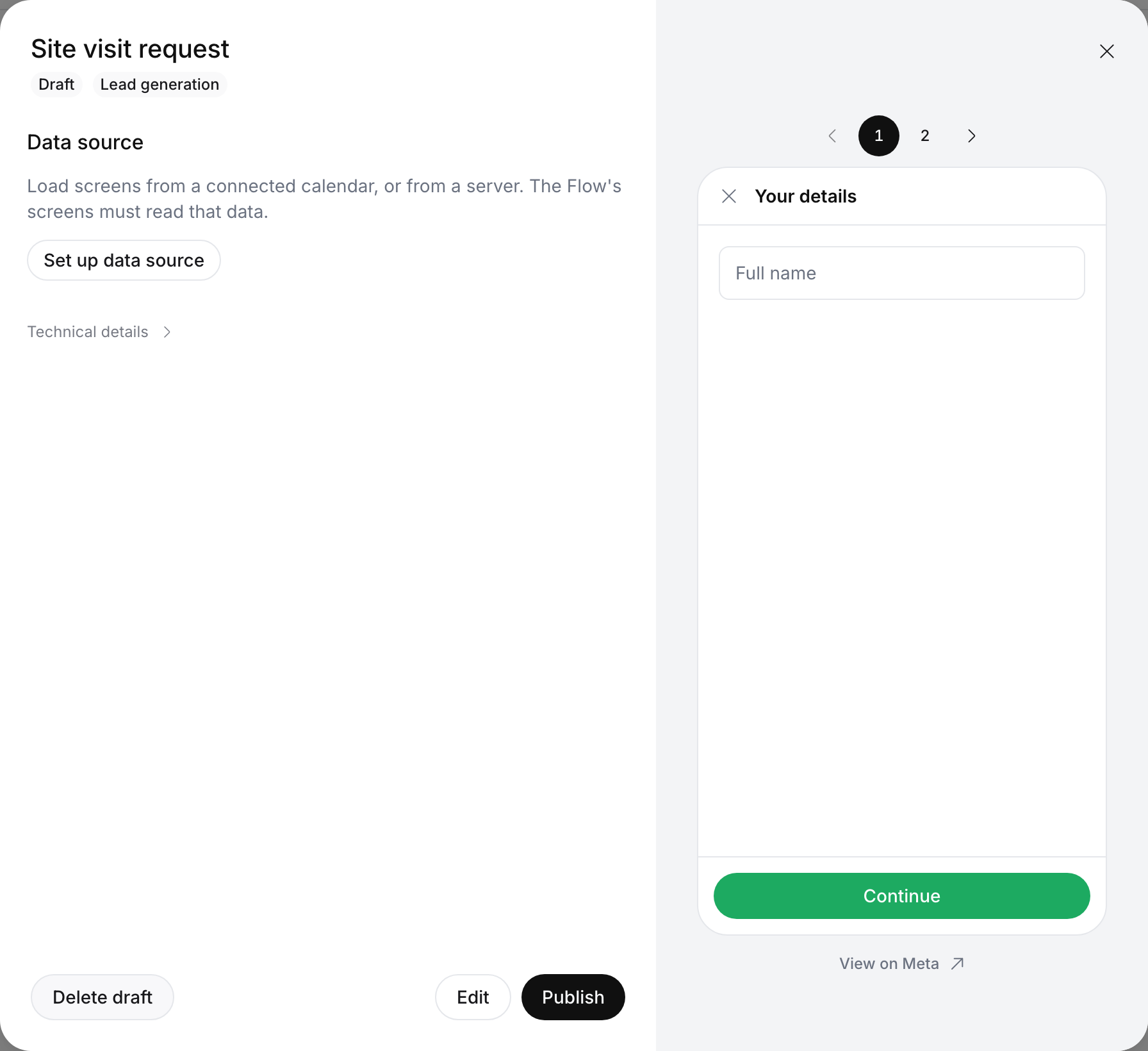 Site visit request details with Draft and Lead generation chips, a Data source section with Set up data source, Technical details, and Delete draft, Edit and Publish buttons; the preview shows screen 1, Your details