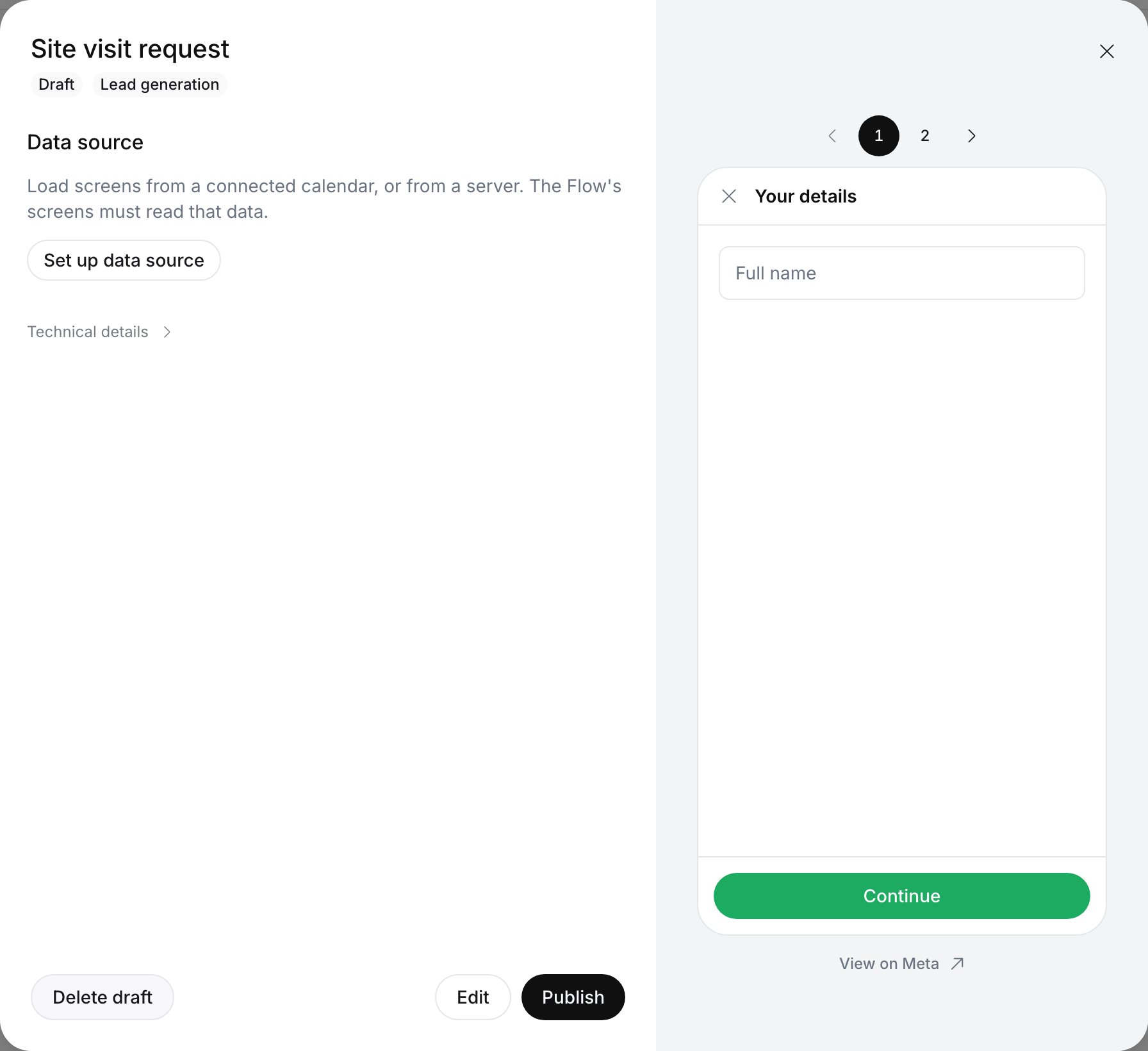 Site visit request details with Draft and Lead generation chips, a Data source section with Set up data source, Technical details, and Delete draft, Edit and Publish buttons; the preview shows screen 1, Your details