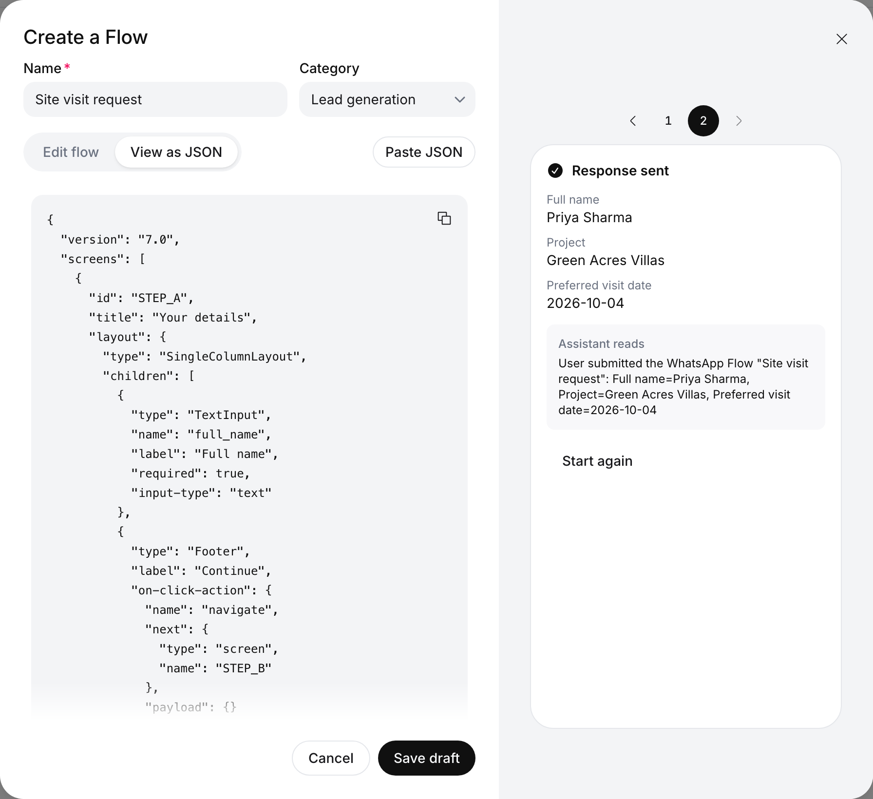View as JSON tab showing the Flow JSON with version 7.0, screen STEP_A titled Your details with a TextInput full_name and a Footer that navigates to STEP_B, and a copy icon; the preview on the right shows Response sent