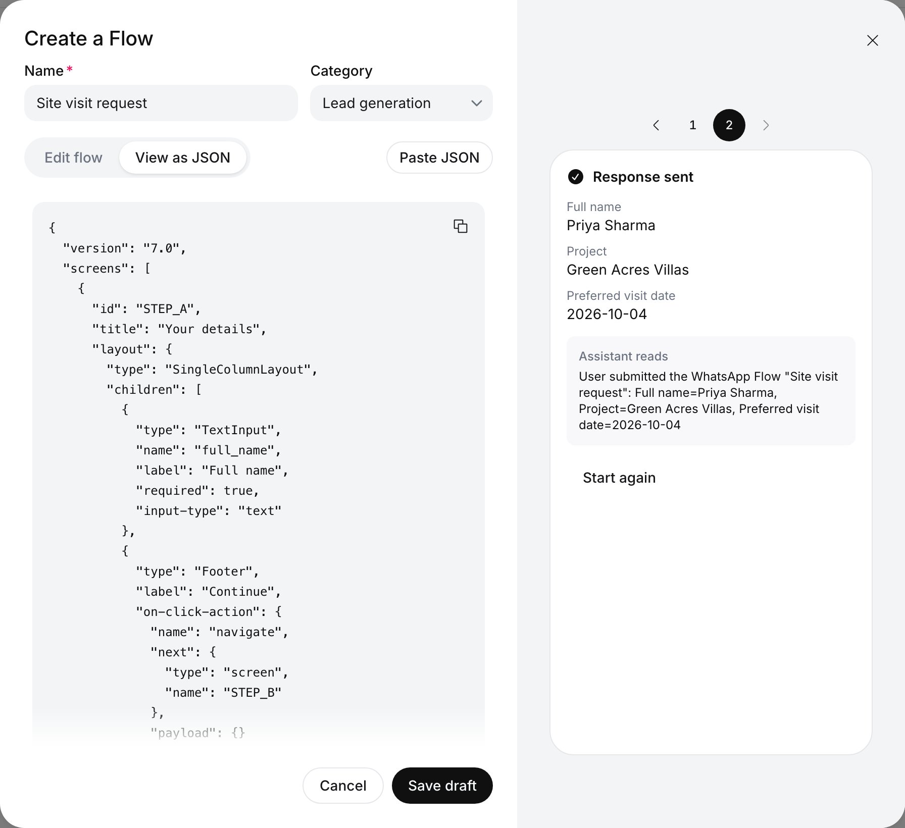 View as JSON tab showing the Flow JSON with version 7.0, screen STEP_A titled Your details with a TextInput full_name and a Footer that navigates to STEP_B, and a copy icon; the preview on the right shows Response sent