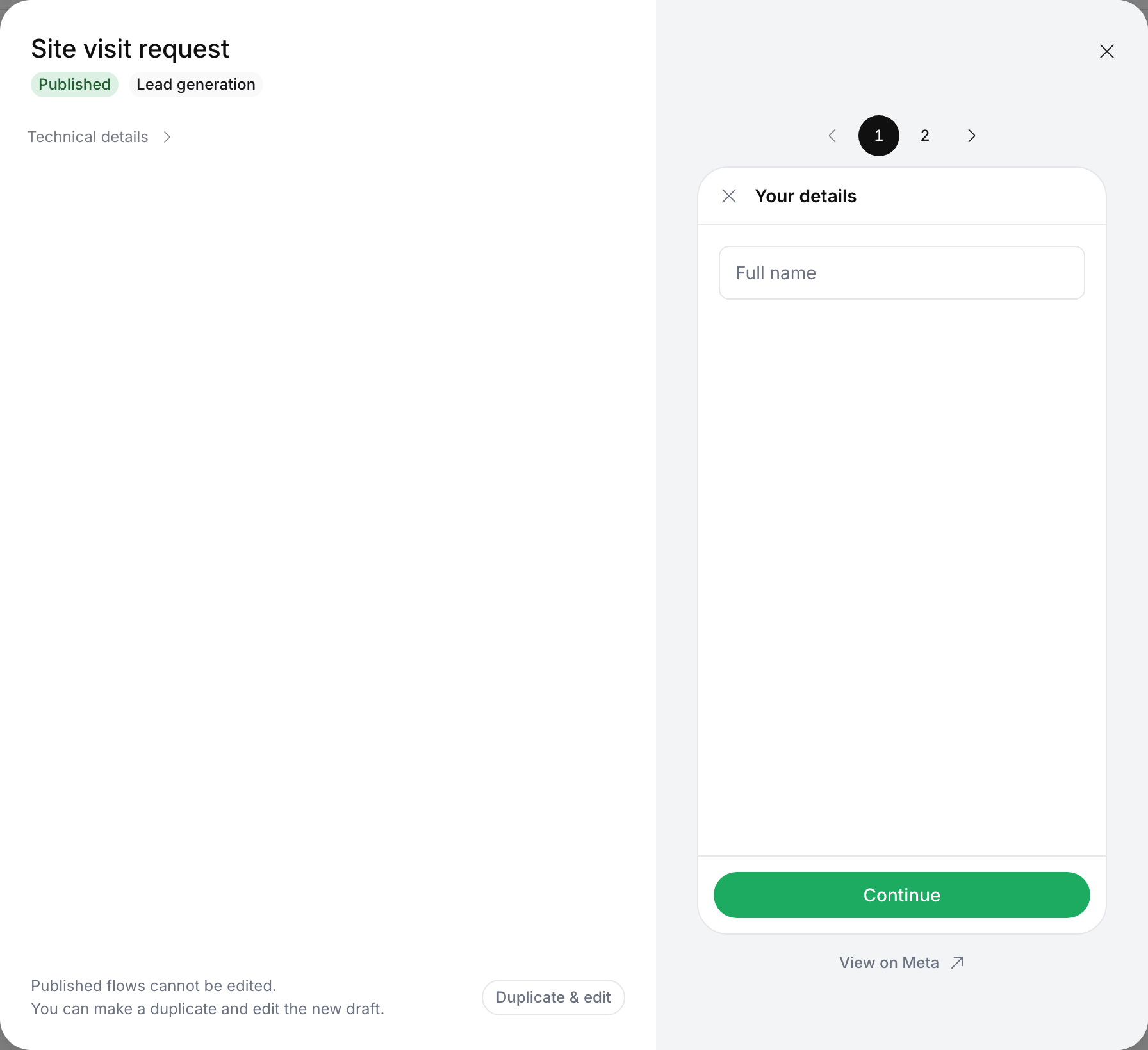 Site visit request details with the Published chip and the note Published flows cannot be edited. You can make a duplicate and edit the new draft, next to a Duplicate and edit button