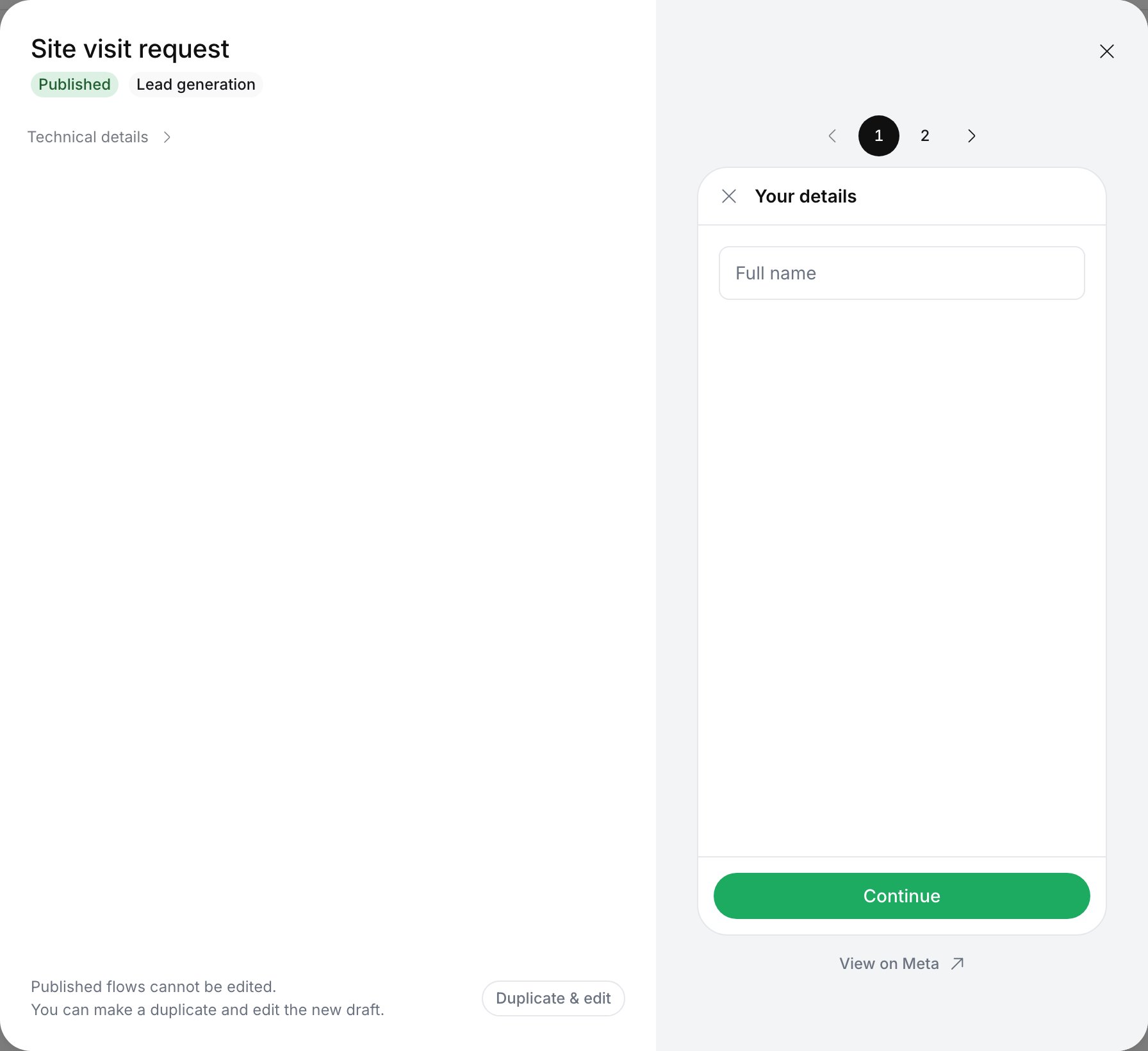 Site visit request details with the Published chip and the note Published flows cannot be edited. You can make a duplicate and edit the new draft, next to a Duplicate and edit button