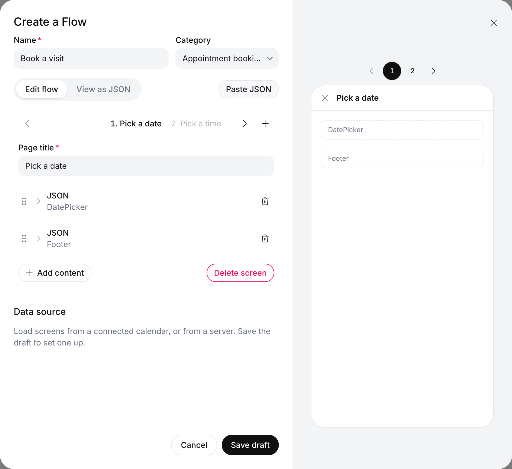 Create a Flow dialog with Name Book a visit and Category Appointment booking; screen 1. Pick a date holds two JSON rows, DatePicker and Footer, and the preview shows their names
