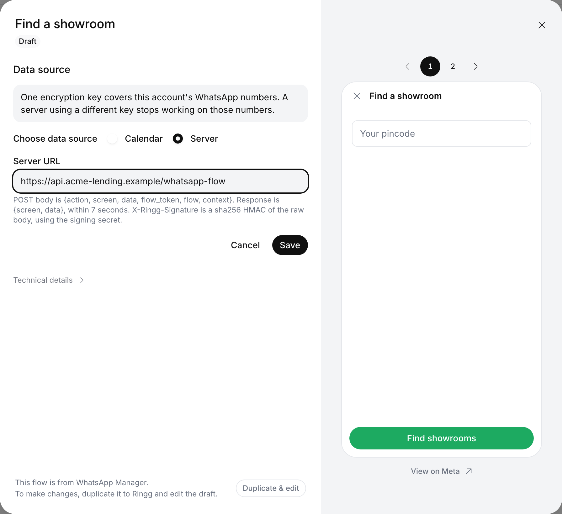 Find a showroom details: the Data source form with the encryption key notice, Choose data source set to Server, and Server URL https://api.acme-lending.example/whatsapp-flow with a description of the request, response and signature, above Cancel and Save