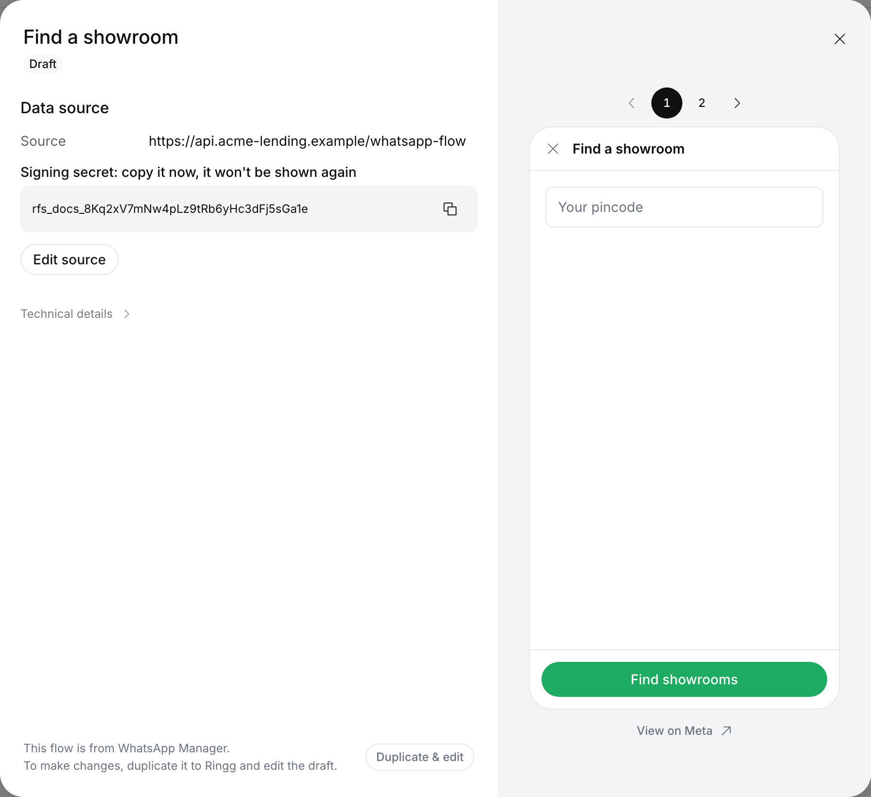 Data source showing Source https://api.acme-lending.example/whatsapp-flow, then Signing secret: copy it now, it won't be shown again, with the secret and a copy icon, and an Edit source button