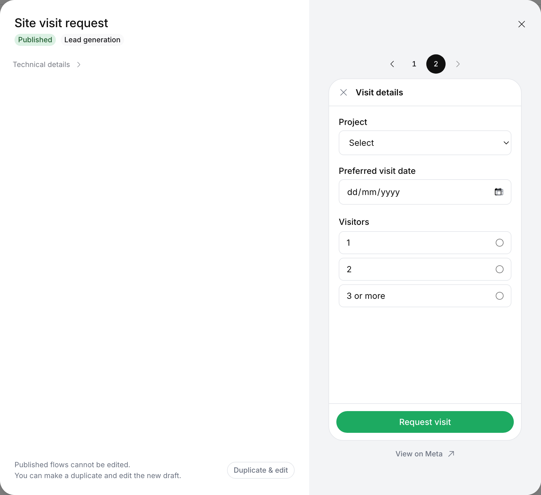 Site visit request details: Published and Lead generation chips, Technical details, and Duplicate and edit at the bottom; the preview shows screen 2, Visit details, with Project, Preferred visit date and Visitors and a Request visit button