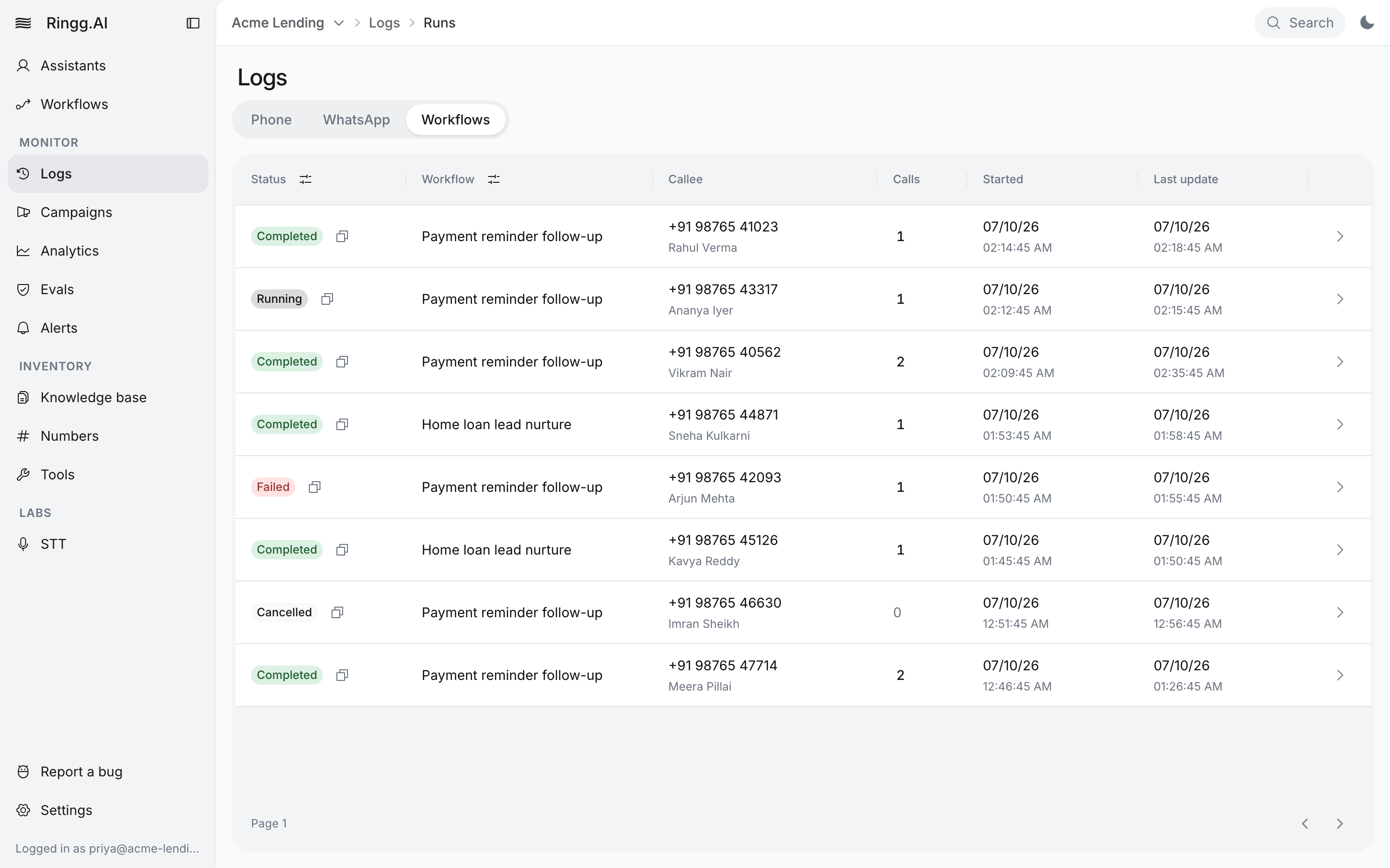 Logs page on the Workflows tab, listing runs with Status (Completed, Running, Failed, Cancelled), Workflow, Callee name and number, Calls, Started and Last update