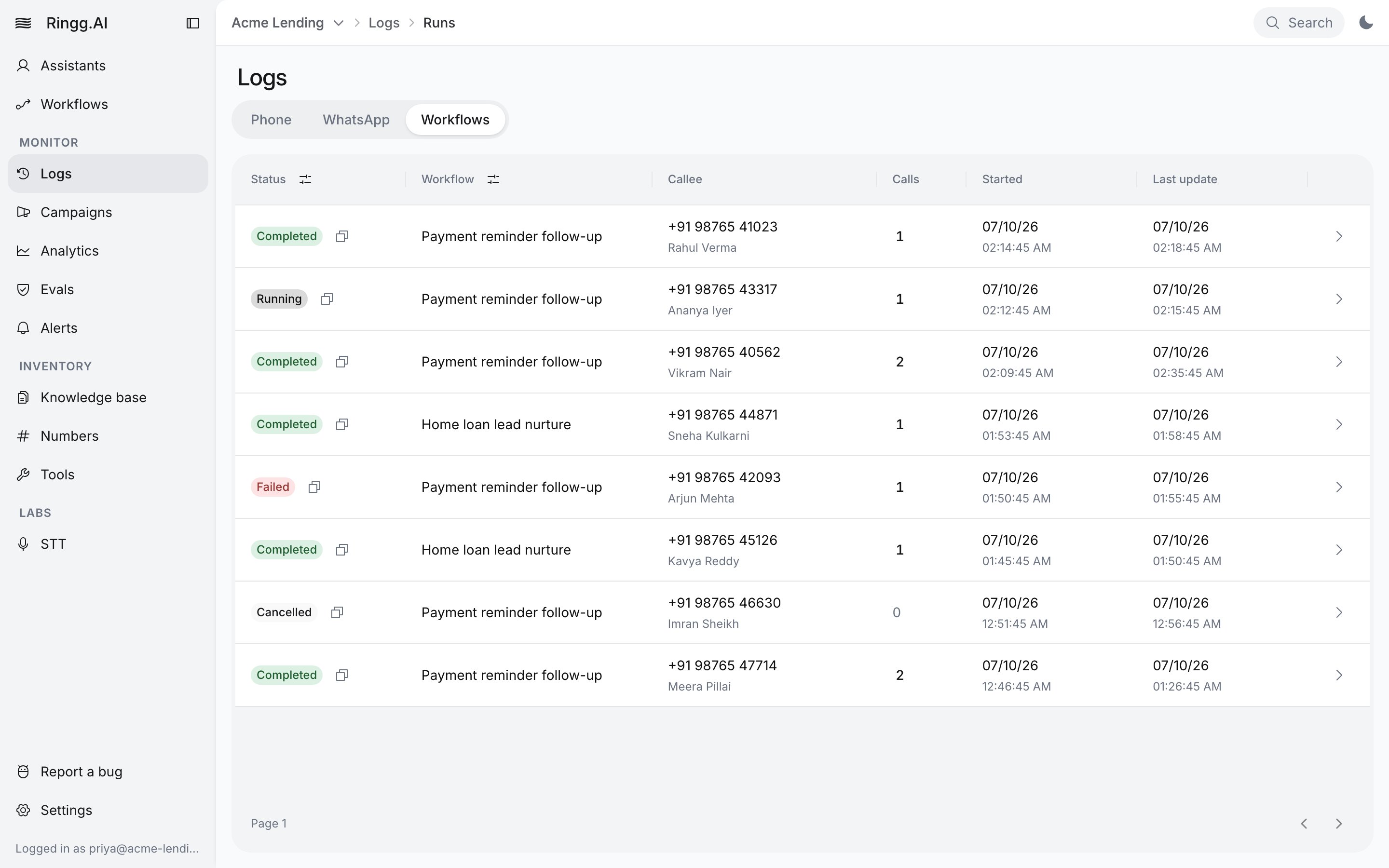 Logs page on the Workflows tab, listing runs with Status (Completed, Running, Failed, Cancelled), Workflow, Callee name and number, Calls, Started and Last update