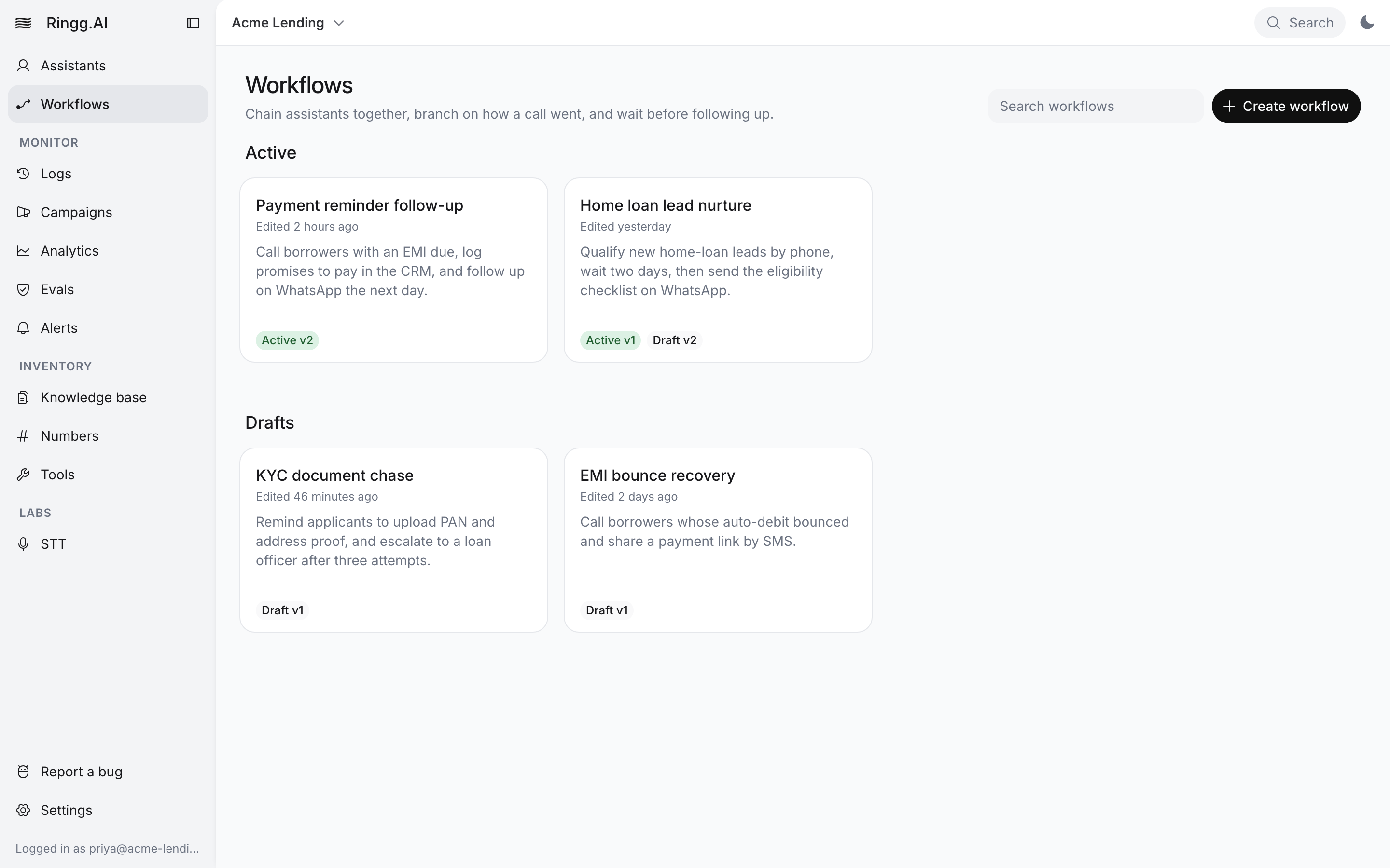 Workflows page with two Active workflows, Payment reminder follow-up (Active v2) and Home loan lead nurture (Active v1, Draft v2), and two Drafts, KYC document chase and EMI bounce recovery (Draft v1)