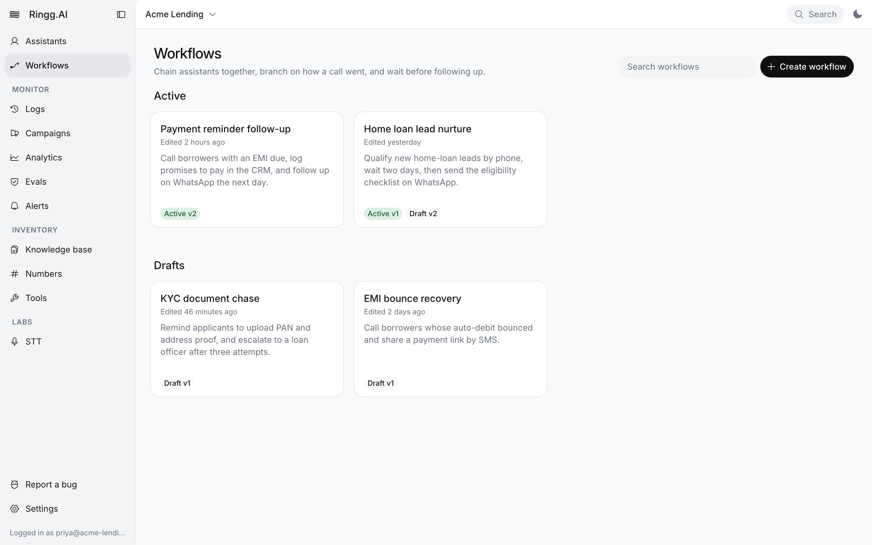 Workflows page with two Active workflows, Payment reminder follow-up (Active v2) and Home loan lead nurture (Active v1, Draft v2), and two Drafts, KYC document chase and EMI bounce recovery (Draft v1)