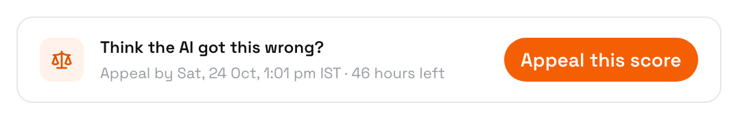 Card reading Think the AI got this wrong?, Appeal by Sat, 24 Oct, 1:01 pm IST · 47 hours left, with an Appeal this score button