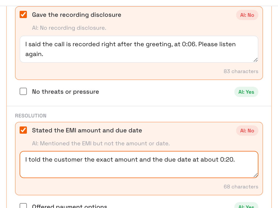 Appeal form with Gave the recording disclosure and Stated the EMI amount and due date ticked, each showing AI: No, the AI's reason and the agent's explanation with its character count, and the other parameters unticked with their AI ratings