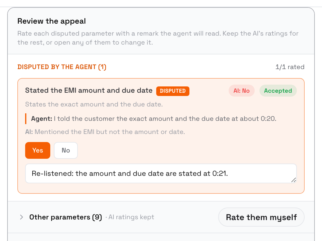 Review the appeal form: Disputed by the agent (1), 1/1 rated, with Stated the EMI amount and due date showing AI: No, the agent's and the AI's reasons, Yes selected, the QA's remark and an Accepted badge; below, Other parameters (9) · AI ratings kept with a Rate them myself button