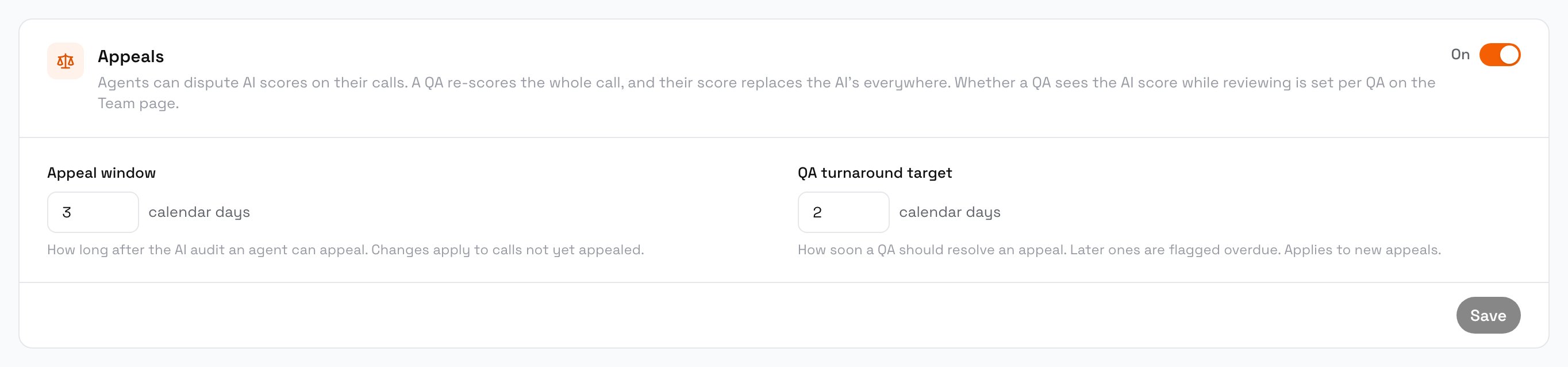 Appeals settings card switched On, with Appeal window 3 calendar days and QA turnaround target 2 calendar days, and a Save button