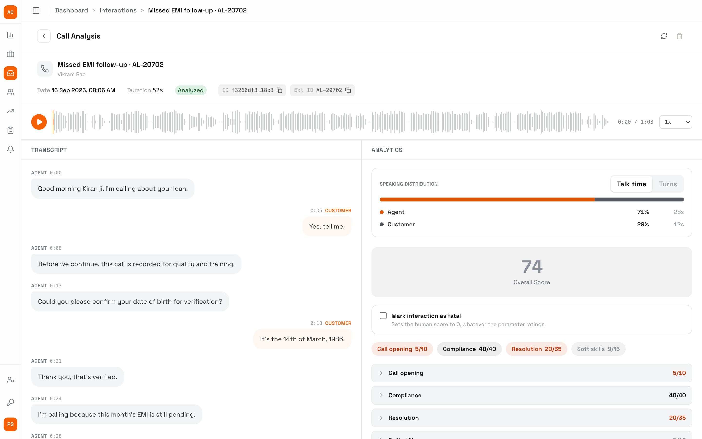 Call Analysis for Missed EMI follow-up with the agent, date, duration, status and IDs, the audio waveform with play button and speed, the transcript with Agent and Customer turns and timestamps, and Analytics with speaking distribution, the overall score and category scores