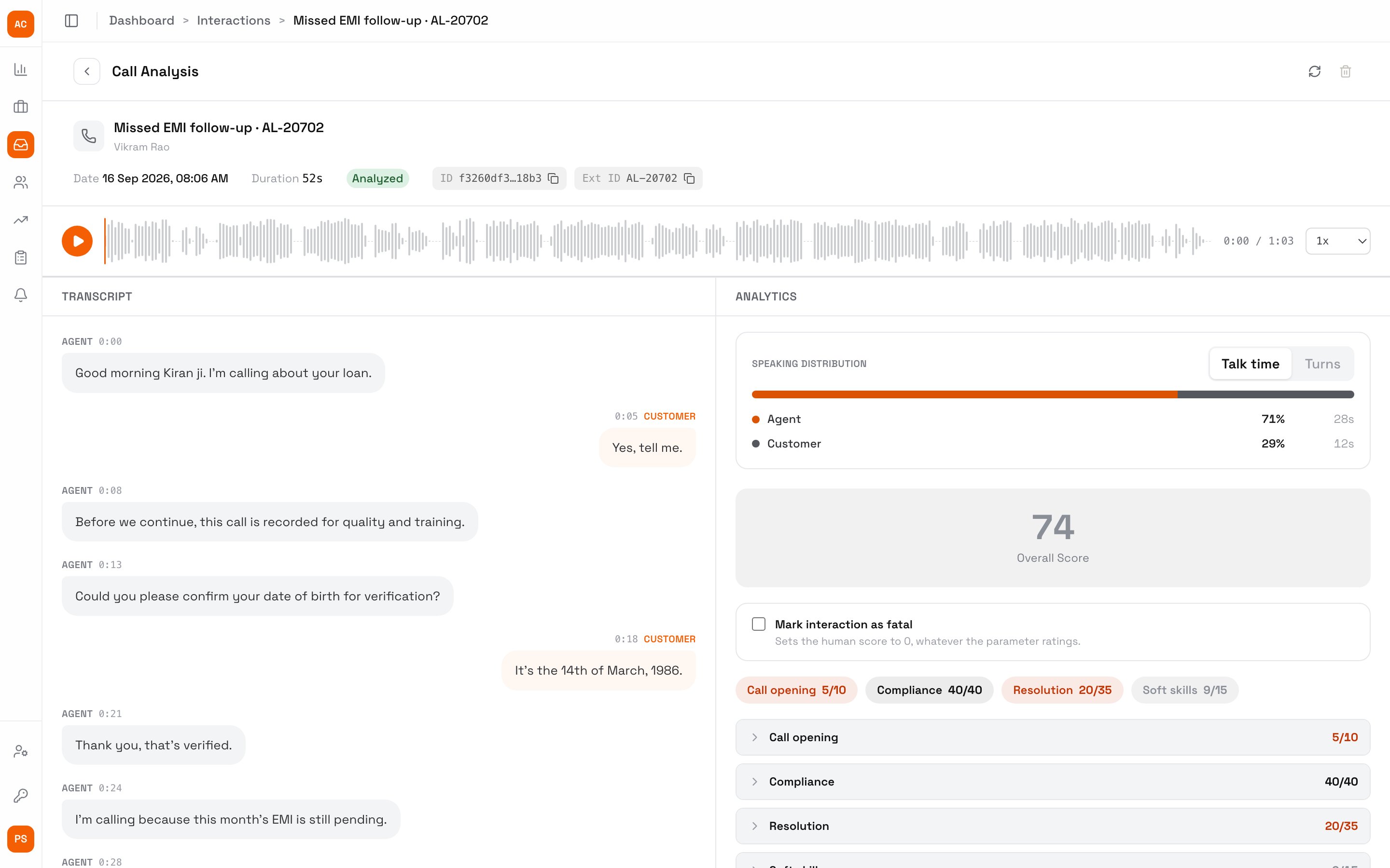Call Analysis for Missed EMI follow-up with the agent, date, duration, status and IDs, the audio waveform with play button and speed, the transcript with Agent and Customer turns and timestamps, and Analytics with speaking distribution, the overall score and category scores