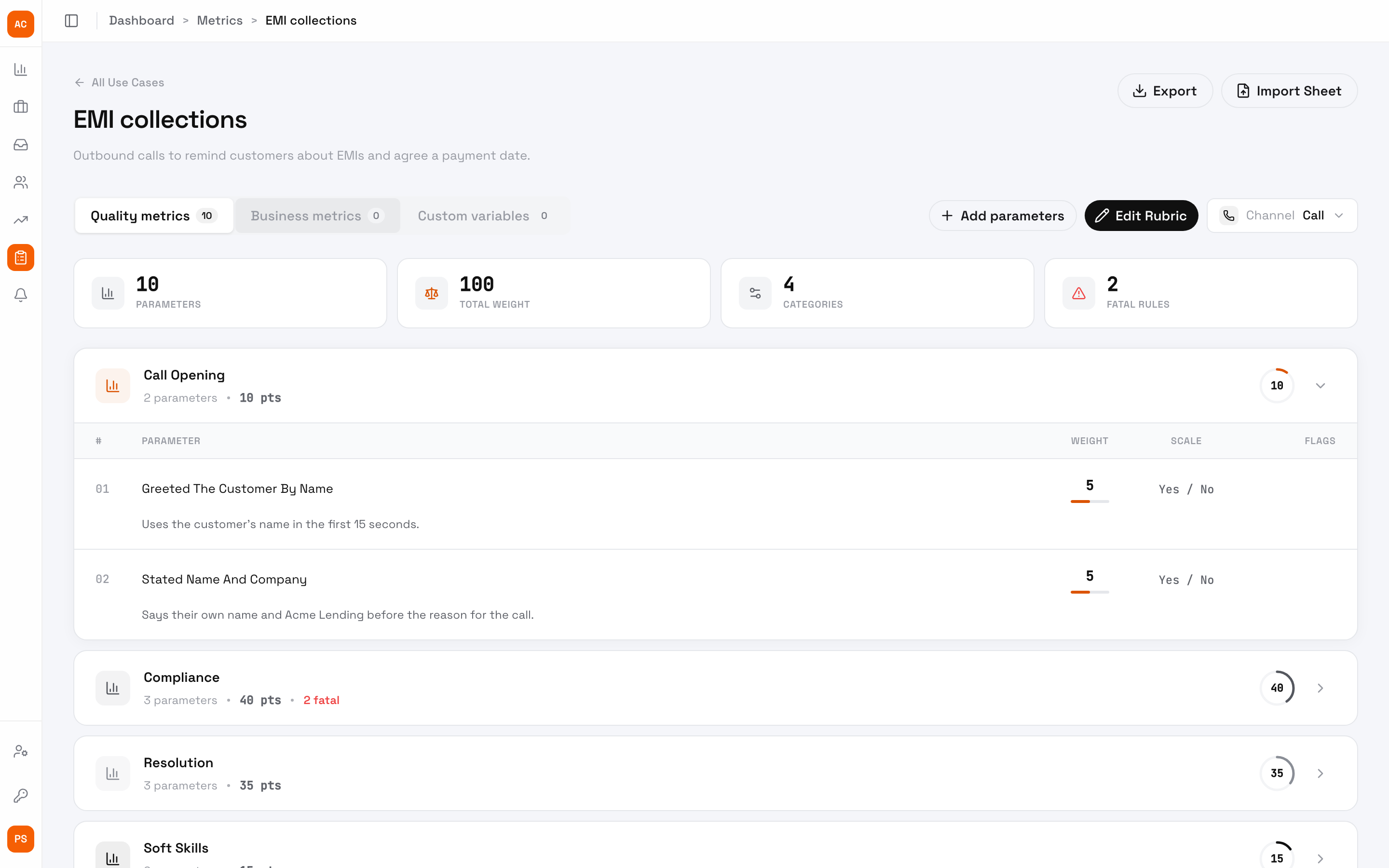 EMI collections use case with Quality metrics, Business metrics and Custom variables tabs, cards for 10 parameters, 100 total weight, 4 categories and 2 fatal rules, and the Call Opening category listing two Yes / No parameters of weight 5 with their descriptions