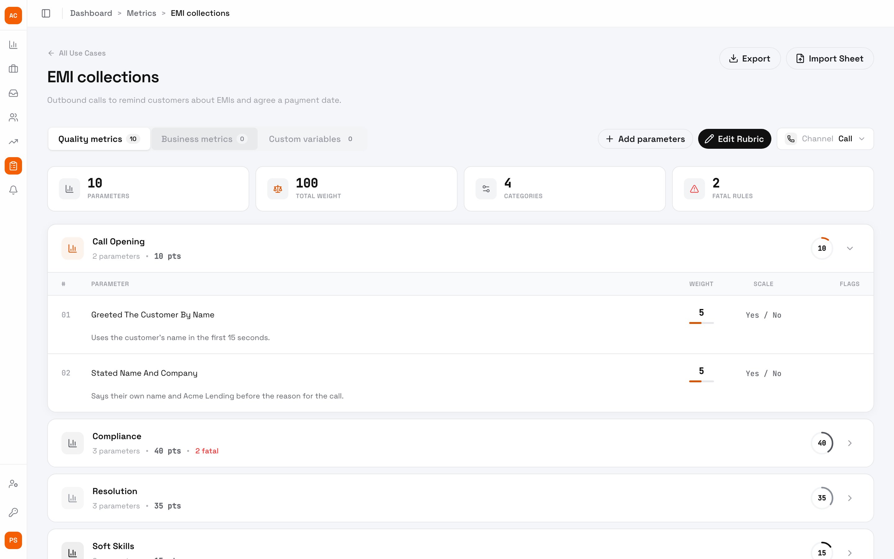 EMI collections use case with Quality metrics, Business metrics and Custom variables tabs, cards for 10 parameters, 100 total weight, 4 categories and 2 fatal rules, and the Call Opening category listing two Yes / No parameters of weight 5 with their descriptions