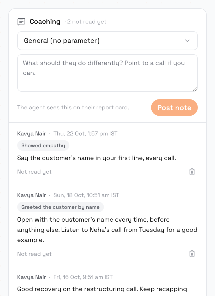 Coaching panel with a parameter picker, a note box with Post note, and notes from Kavya Nair, one pinned to Greeted the customer by name and marked Not read yet