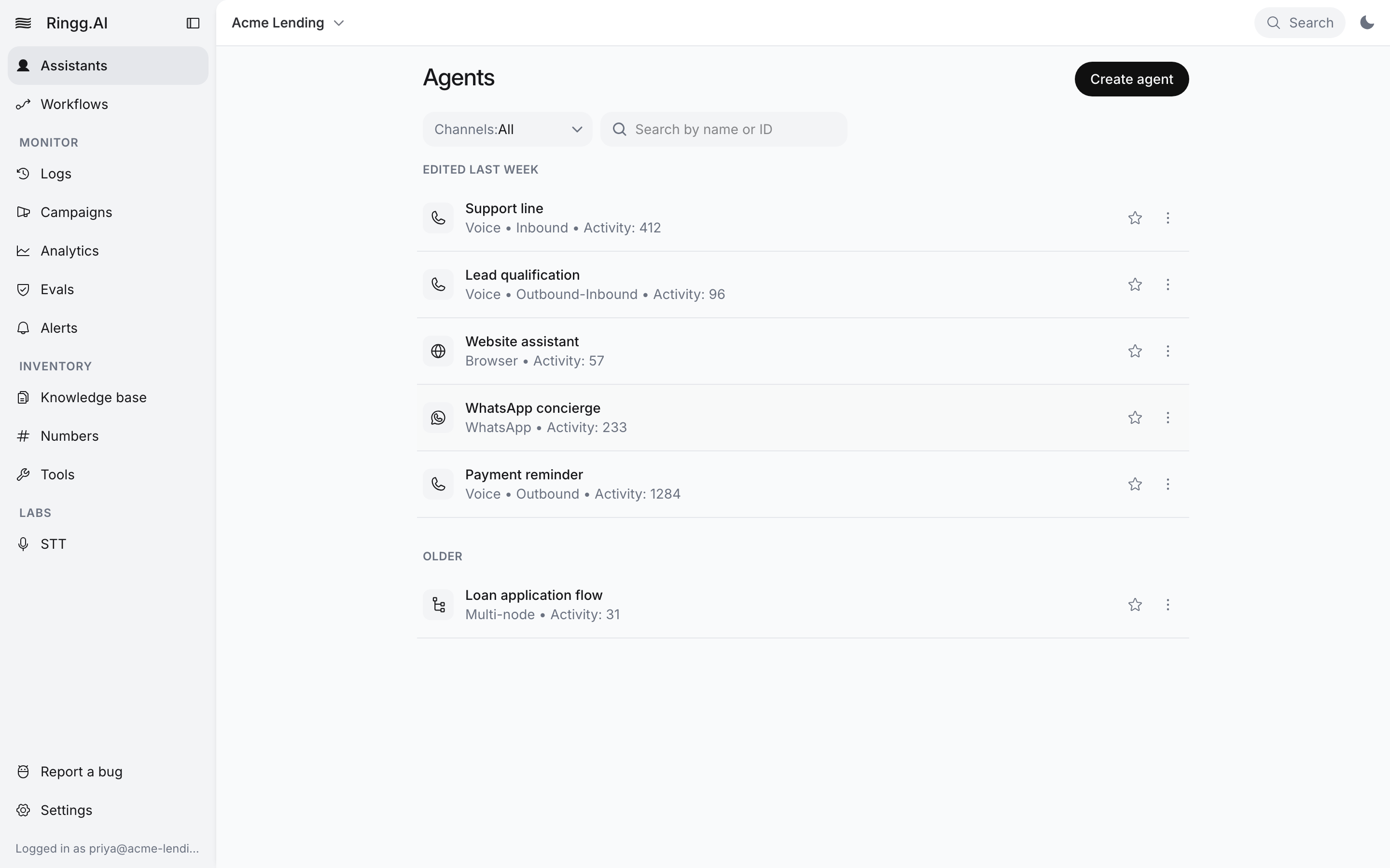 Ringg AI dashboard with the sidebar (Assistants, Workflows, Monitor, Inventory and Labs groups, Report a bug, Settings), the top bar with the Acme Lending workspace switcher and Search, and the Agents page listing six agents
