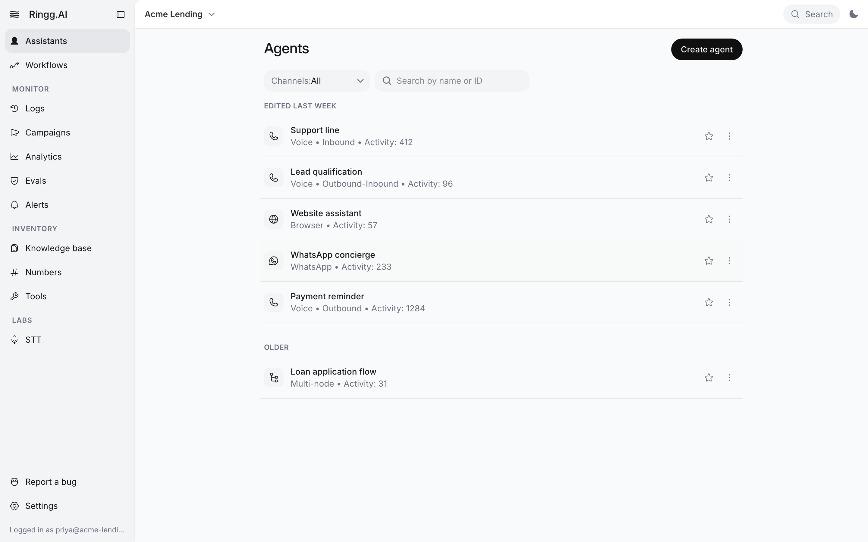 Ringg AI dashboard with the sidebar (Assistants, Workflows, Monitor, Inventory and Labs groups, Report a bug, Settings), the top bar with the Acme Lending workspace switcher and Search, and the Agents page listing six agents