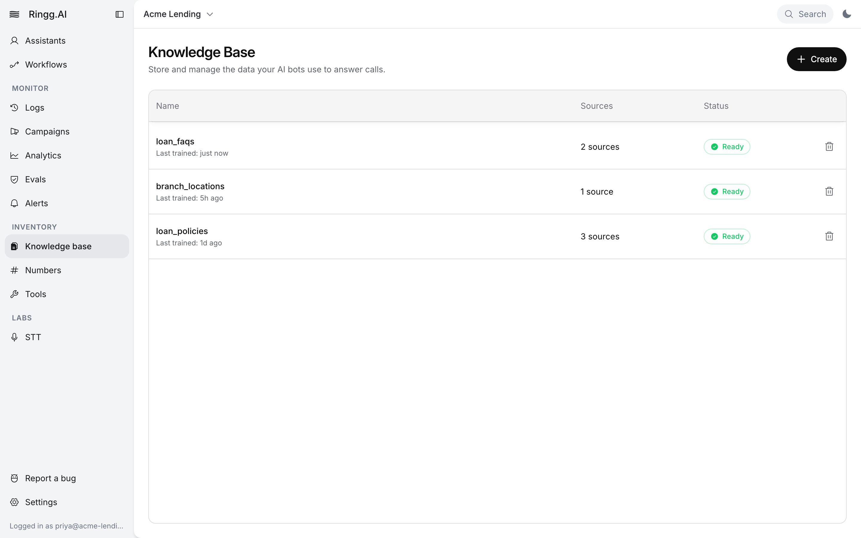 Knowledge Base page listing loan_faqs (2 sources, Last trained: just now), branch_locations (1 source) and loan_policies (3 sources), all with status Ready