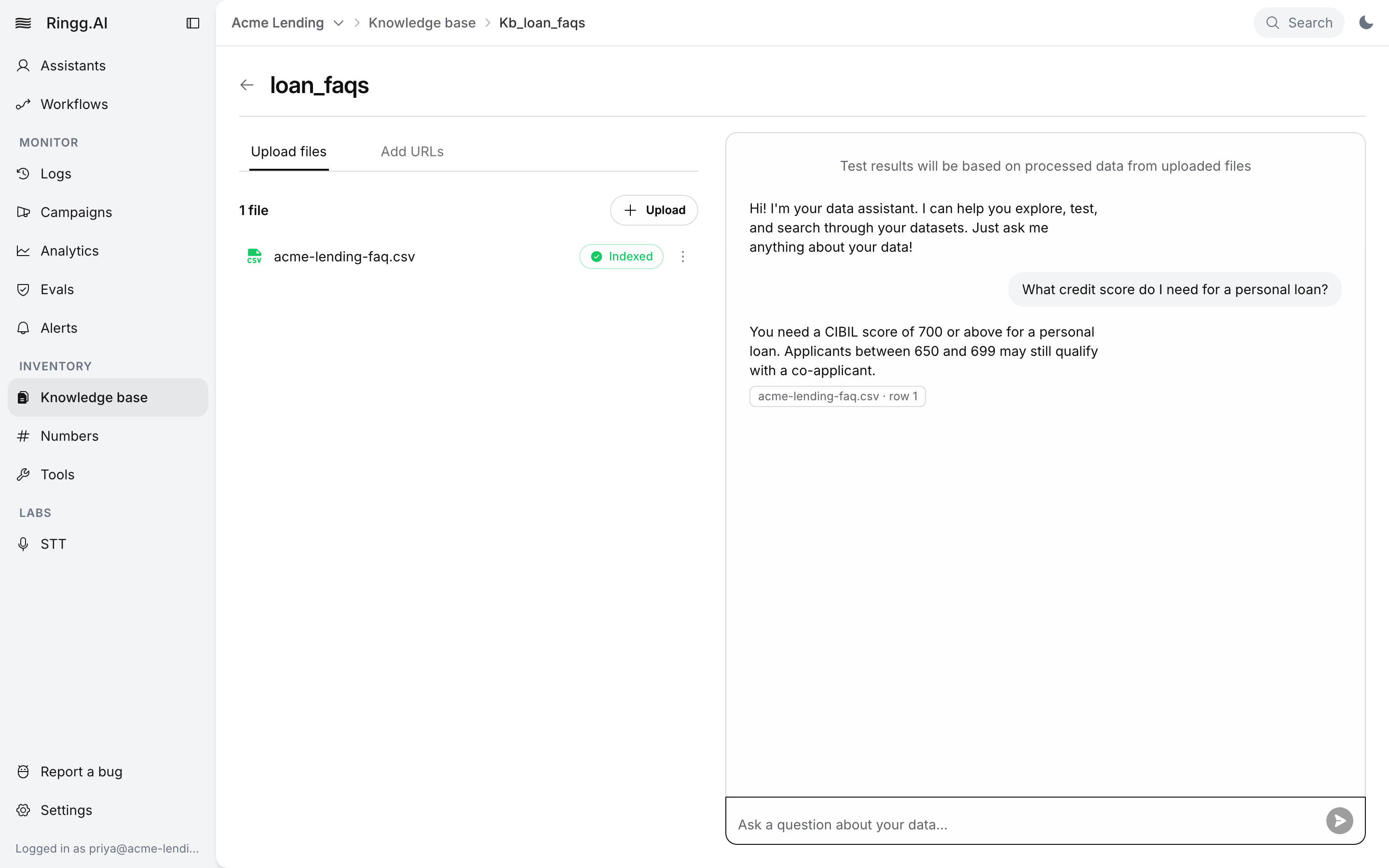 Knowledge base loan_faqs with acme-lending-faq.csv Indexed; the test chat answers What credit score do I need for a personal loan? with a CIBIL score of 700 or above, citing acme-lending-faq.csv row 1