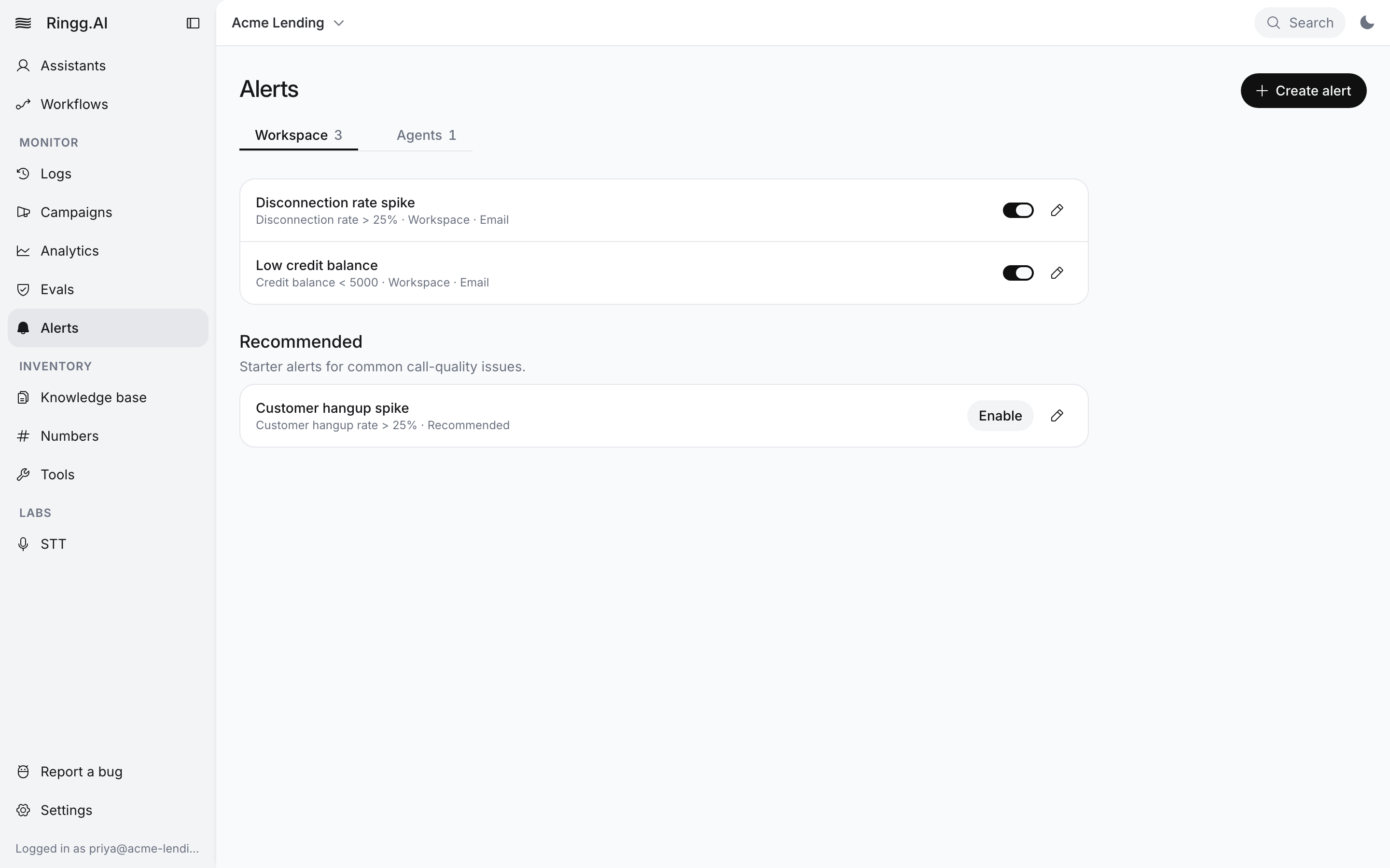Alerts page, Workspace tab: two configured alerts with switches and edit icons, and the Recommended group with Customer hangup spike and an Enable button