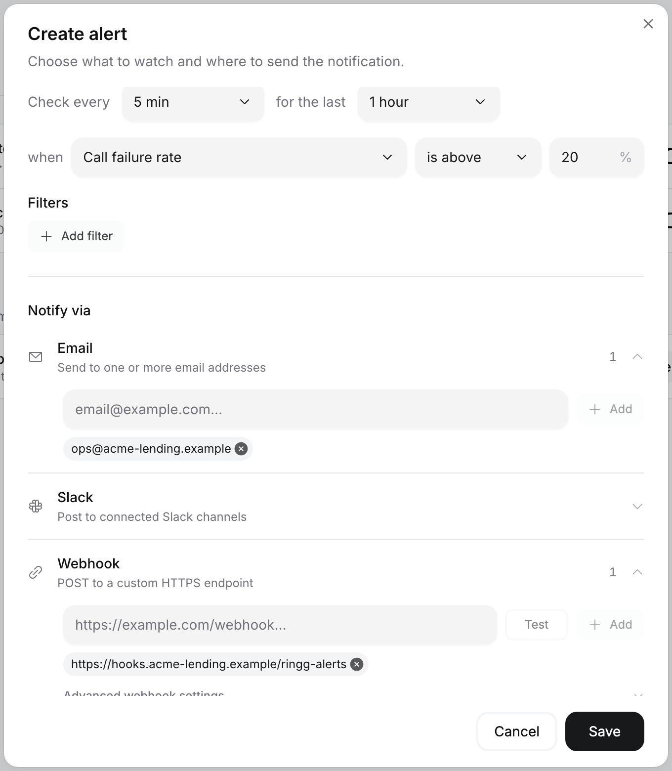 Create alert dialog: check every 5 min for the last 1 hour when Call failure rate is above 20%, an email address and a webhook URL added under Notify via, and Save